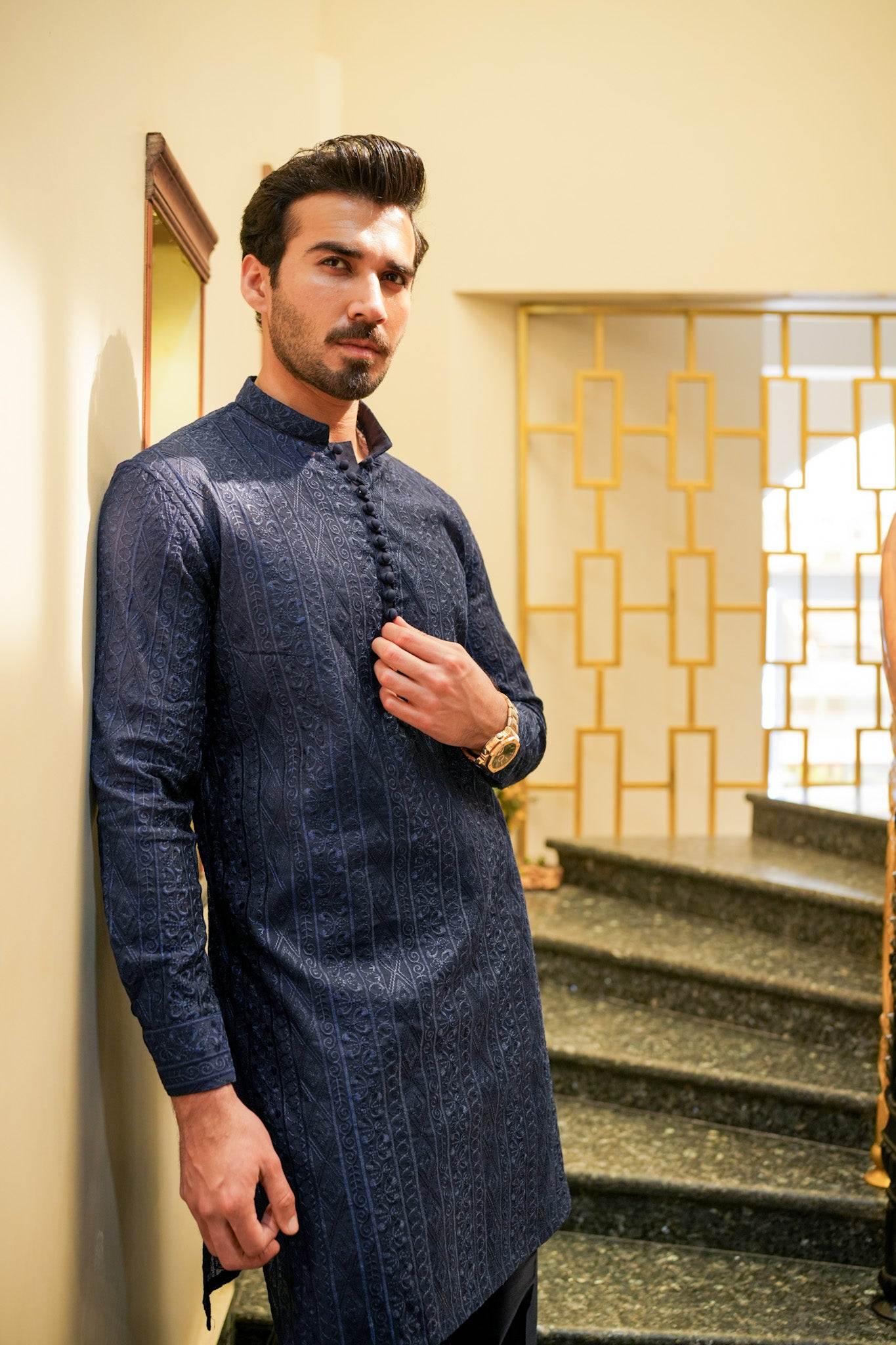 Navy Blue Full Embroidered Kurta Pajama