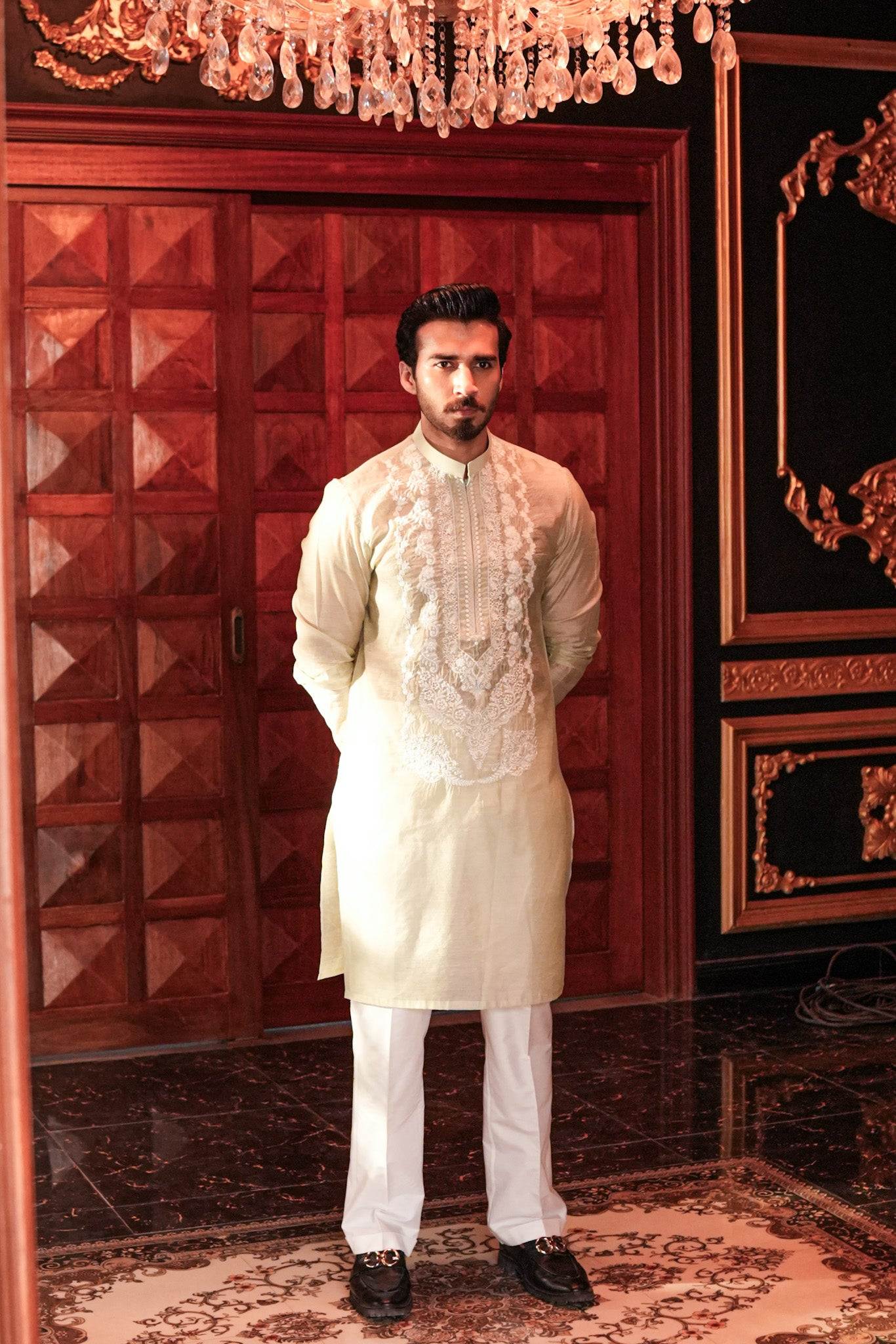 Cream Neck Embroidered Kurta Pajama