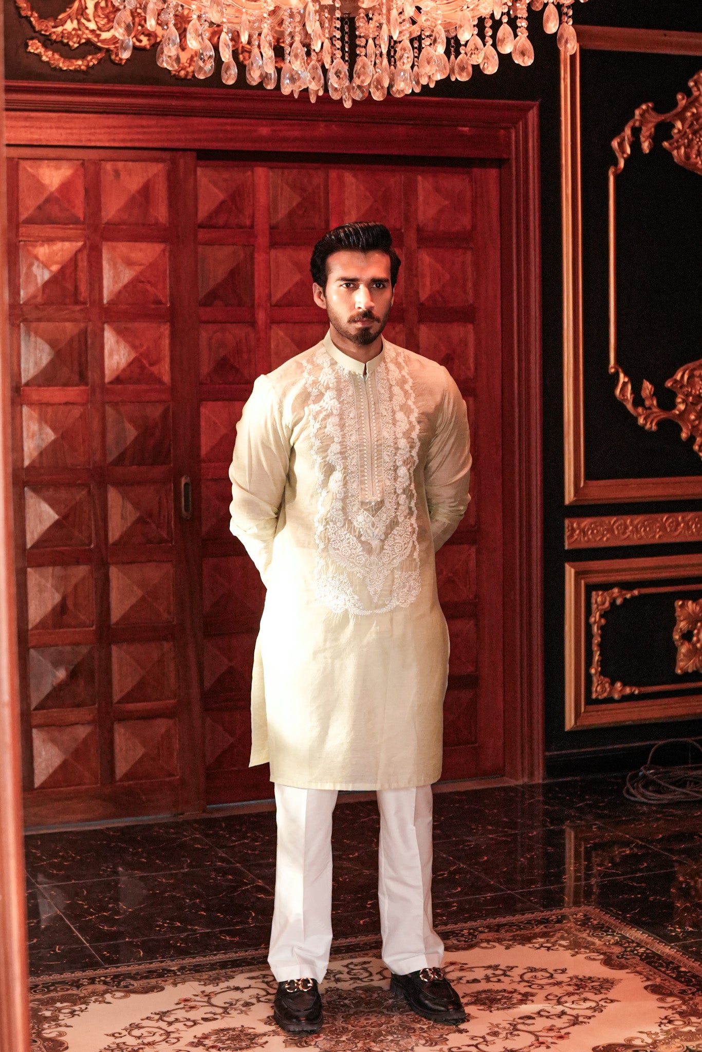 Cream Neck Embroidered Kurta Pajama