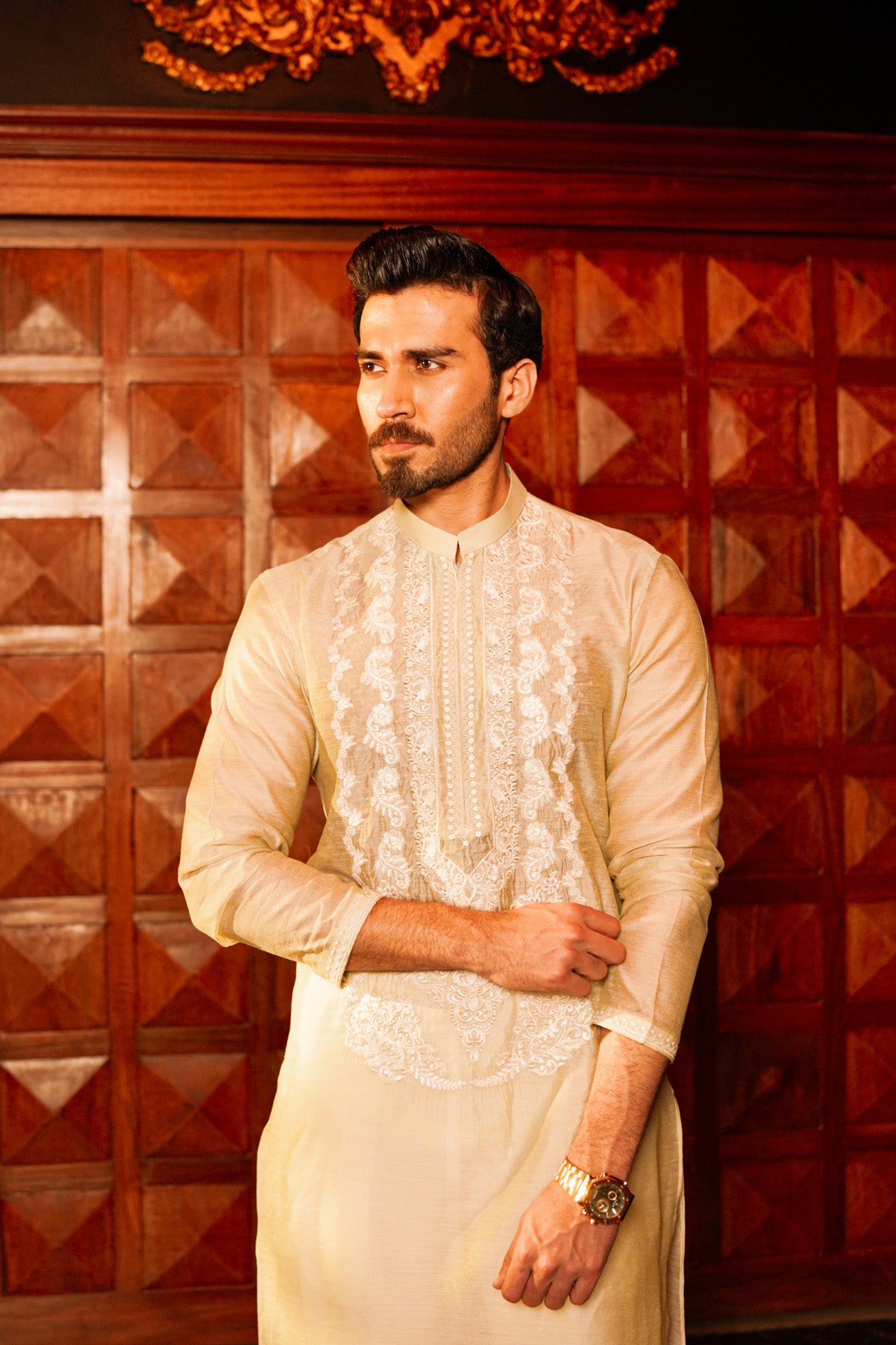 Cream Neck Embroidered Kurta Pajama