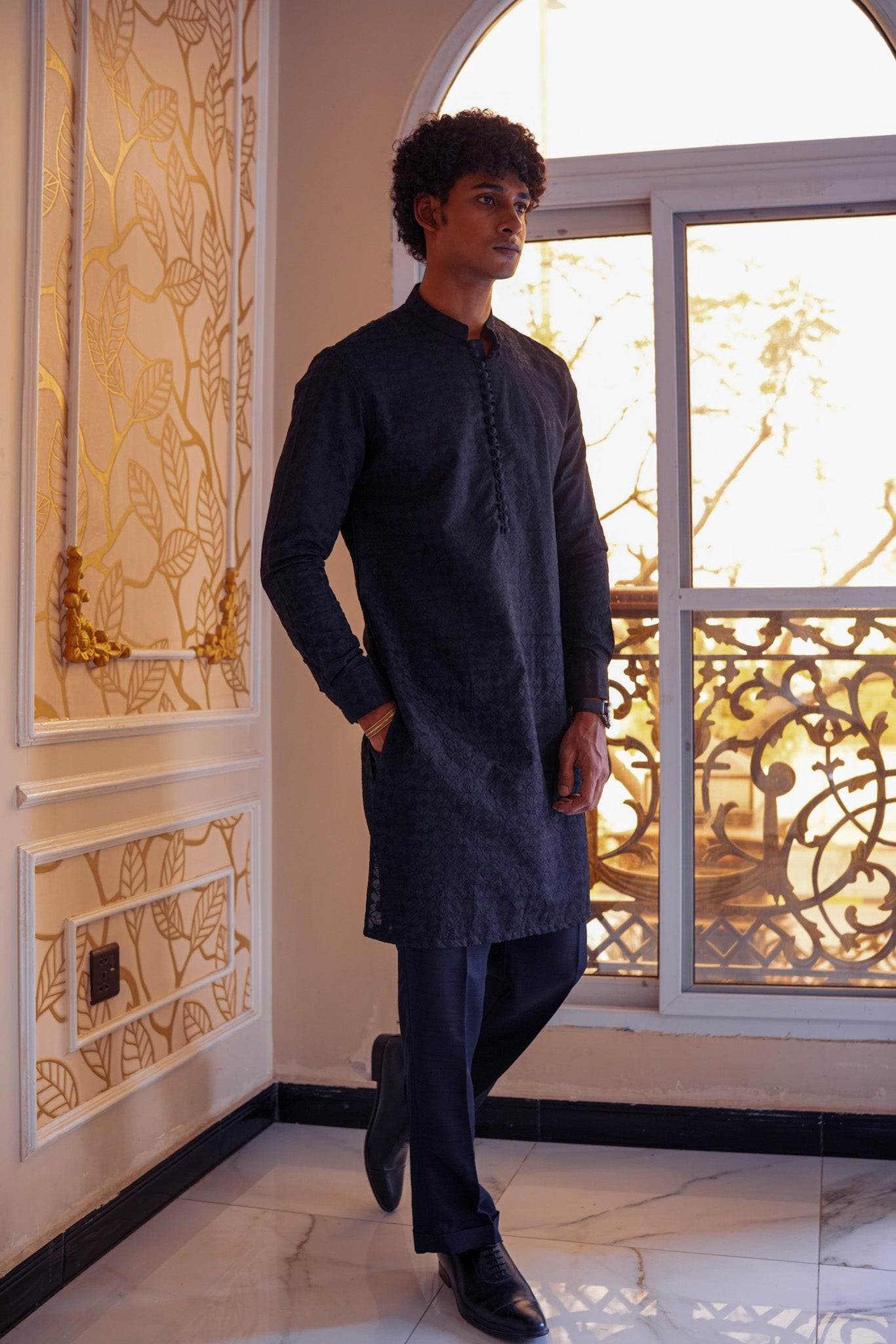 Black Self Embroidered Kurta Pajama
