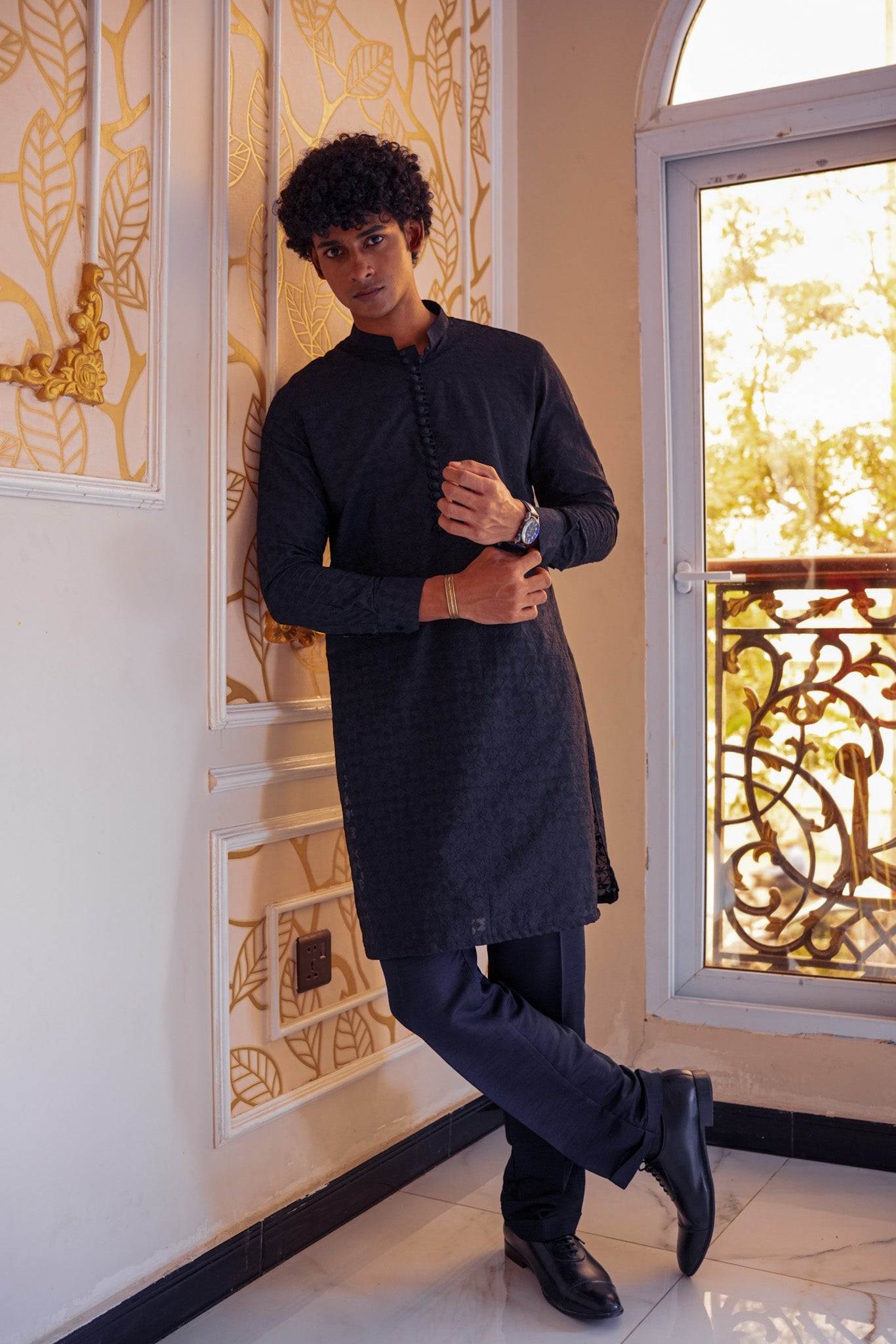 Black Self Embroidered Kurta Pajama