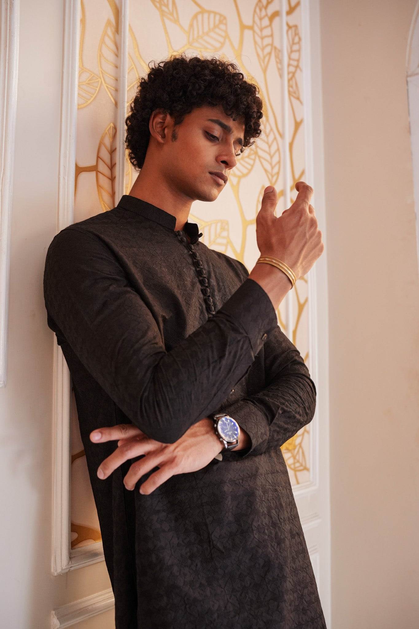Black Self Embroidered Kurta Pajama