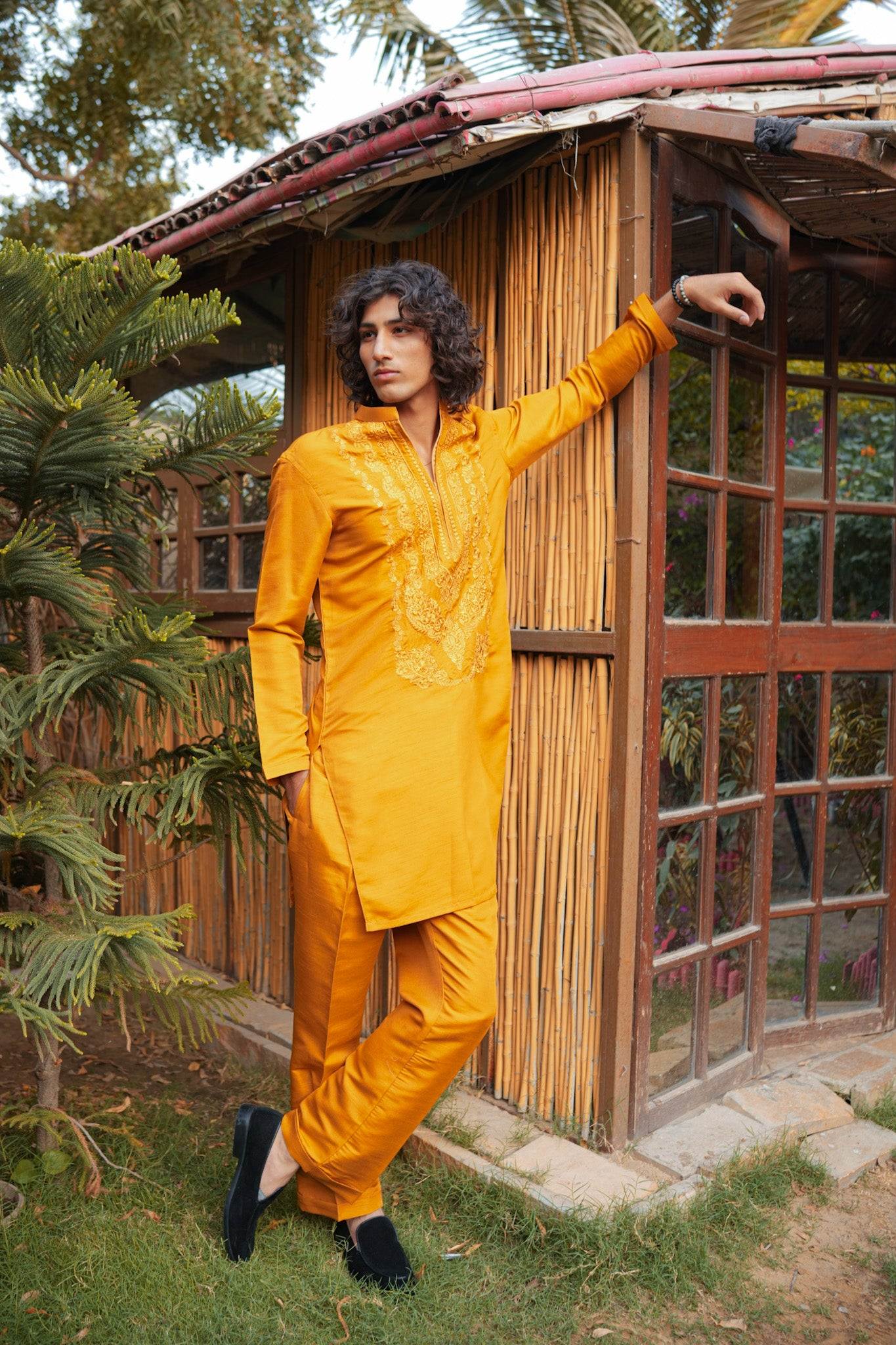 Yellow Neck Embroidered Kurta Pajama