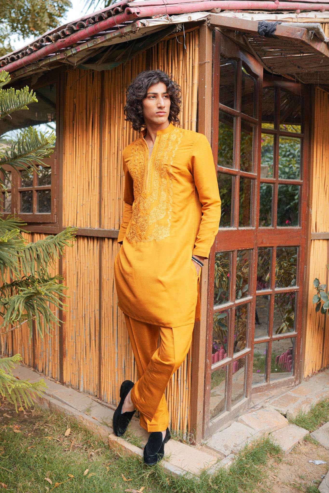 Yellow Neck Embroidered Kurta Pajama
