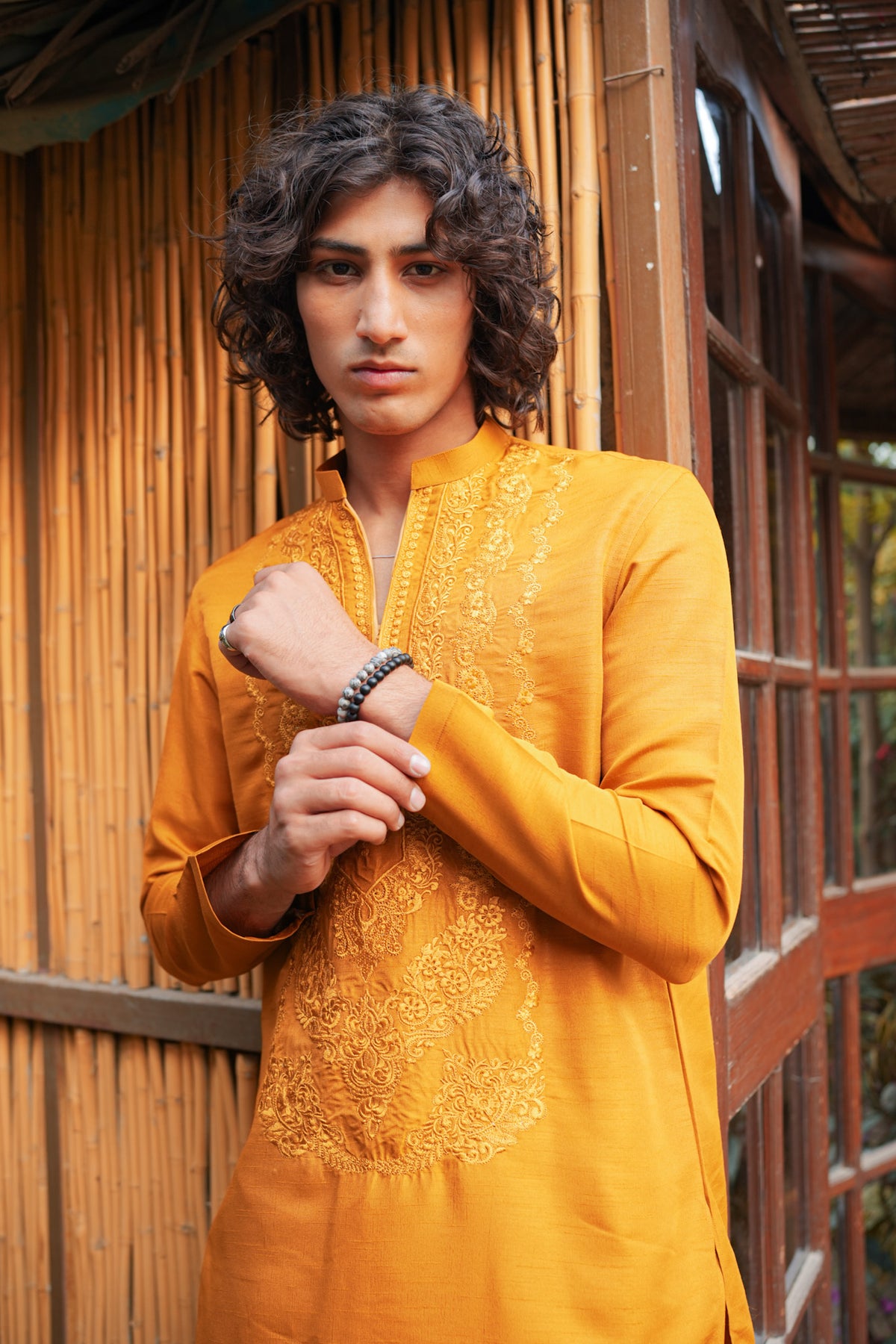 Yellow Neck Embroidered Kurta Pajama