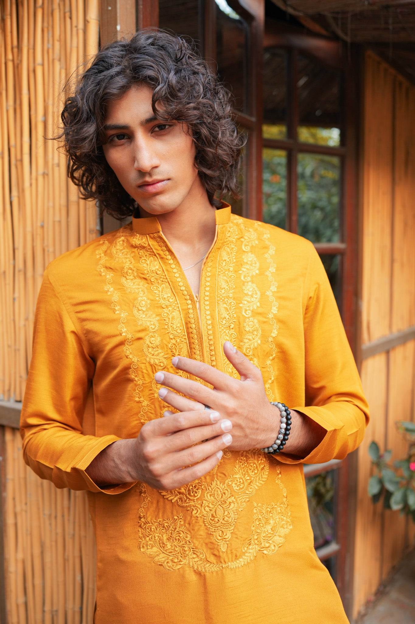 Yellow Neck Embroidered Kurta Pajama
