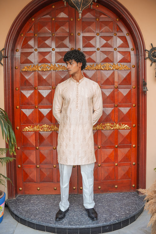 Beige Full Embroidered Kurta Pajama