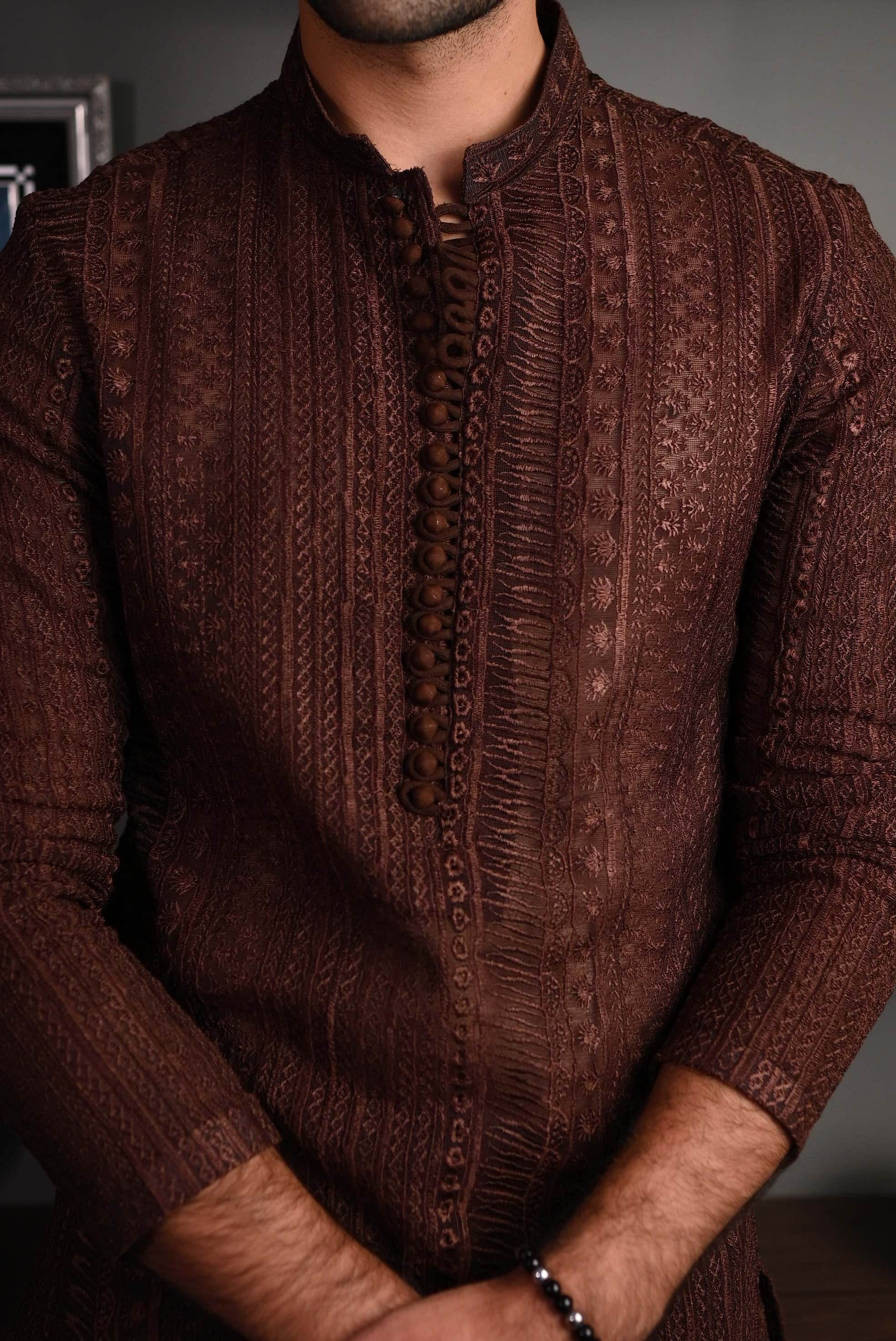 Deep Brown Fully Embroidered Kurta Pajama