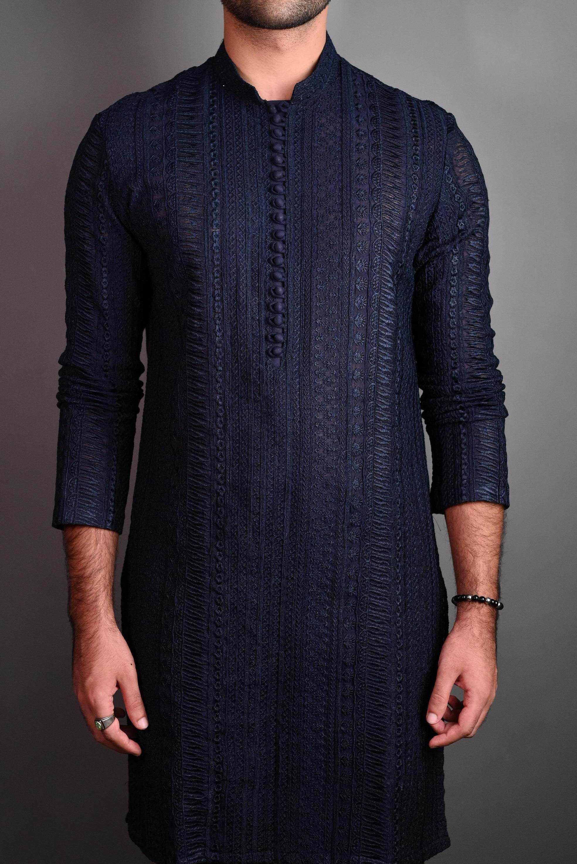 Dark Blue Fully Embroidered Kurta Pajama
