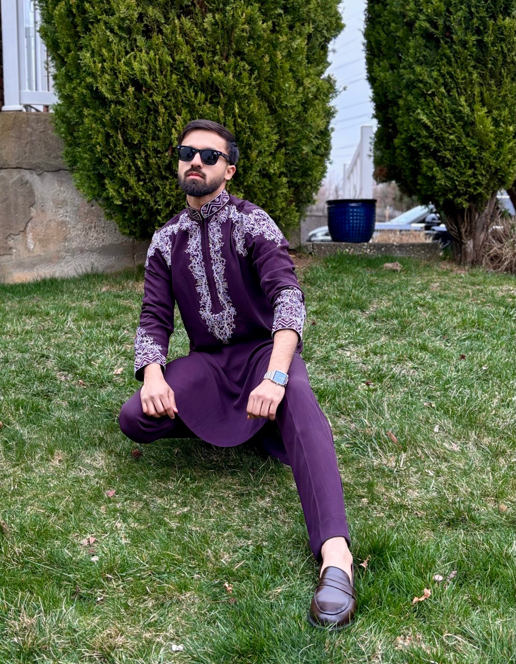 Deep Purple Neck Embroidered Kurta Pajama