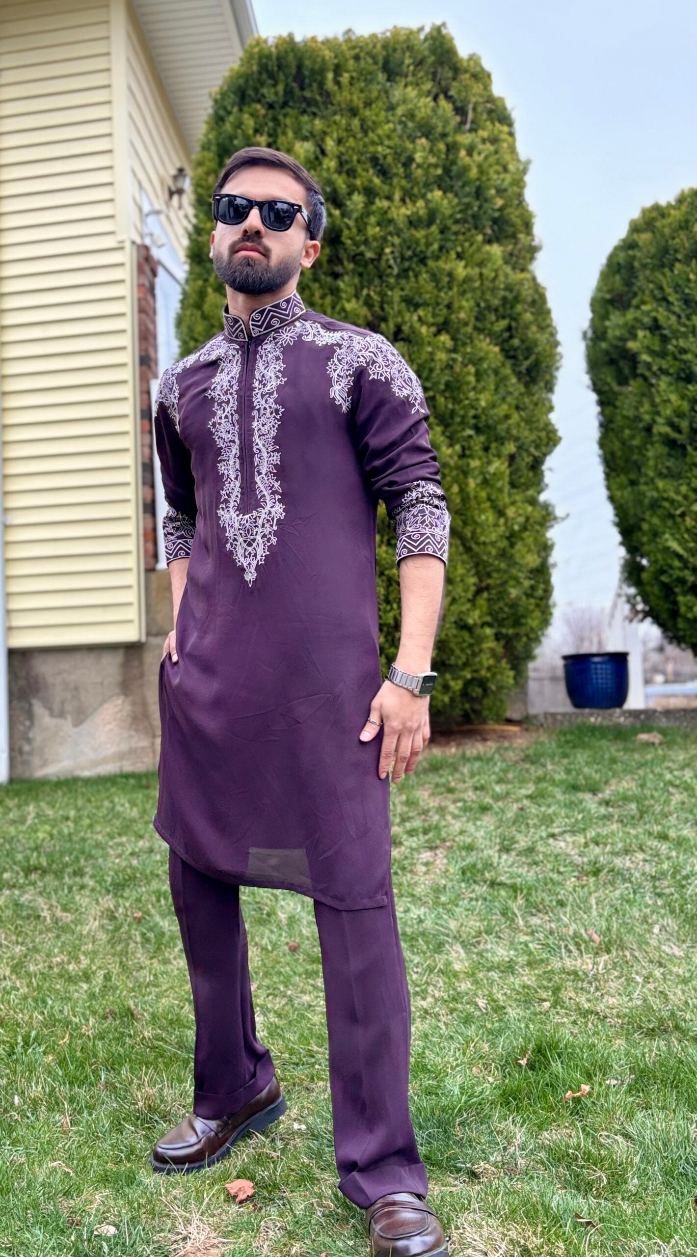 Deep Purple Neck Embroidered Kurta Pajama