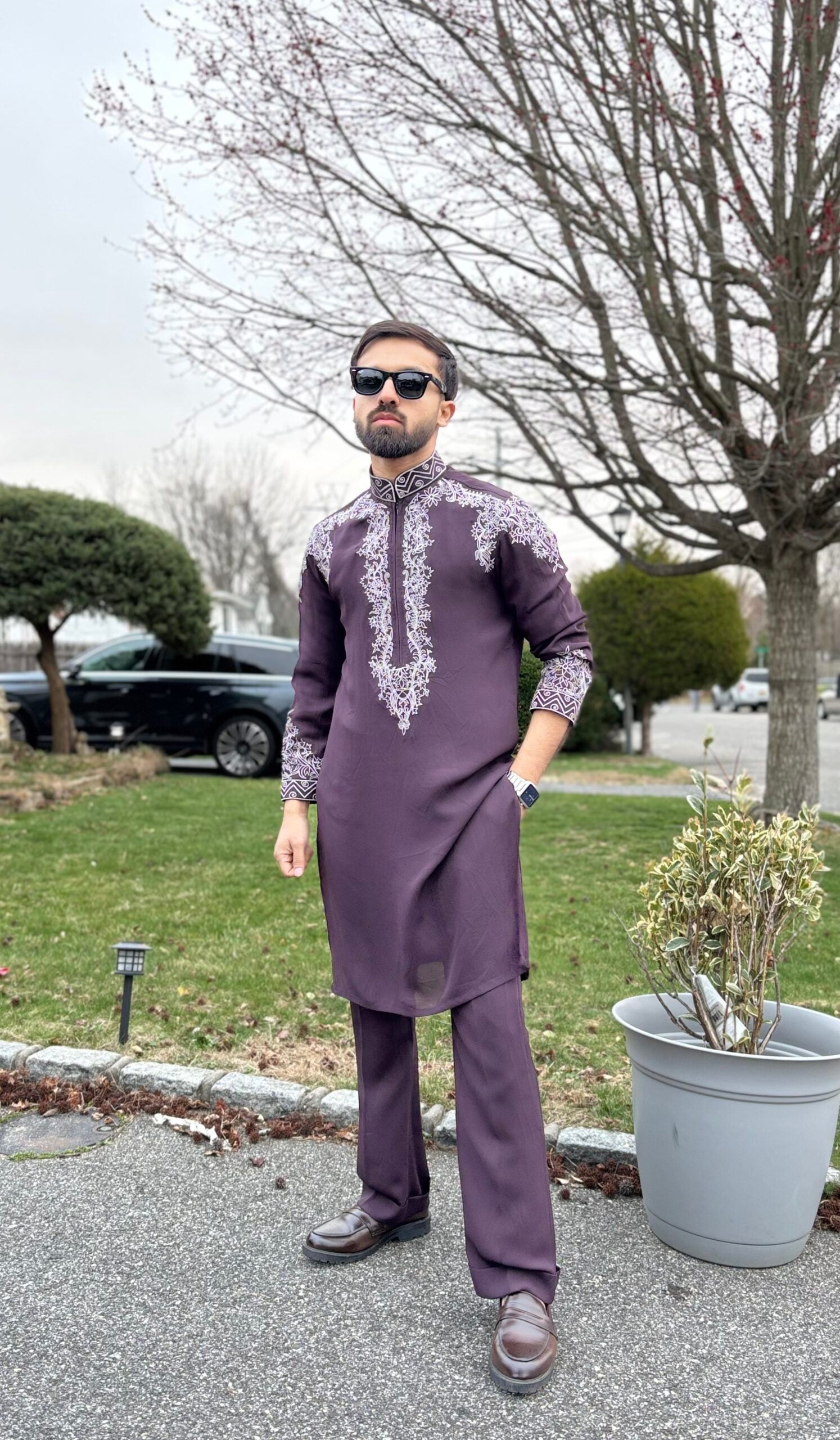 Deep Purple Neck Embroidered Kurta Pajama