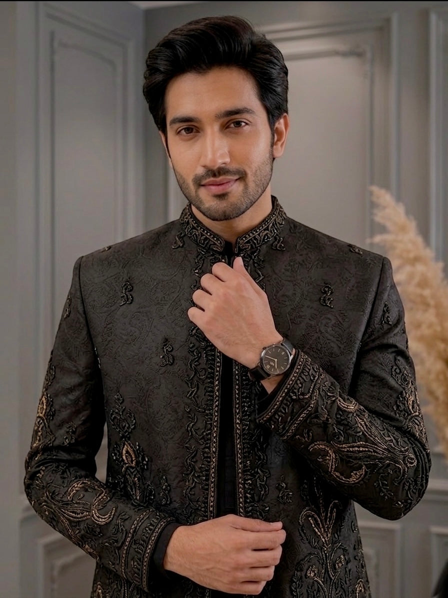 Imperial Black Embroidered Prince Coat