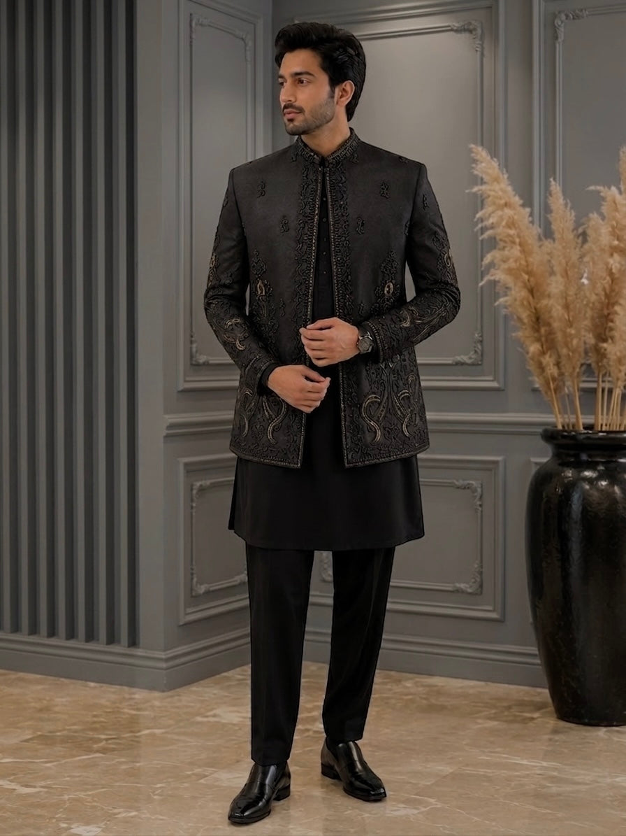 Imperial Black Embroidered Prince Coat