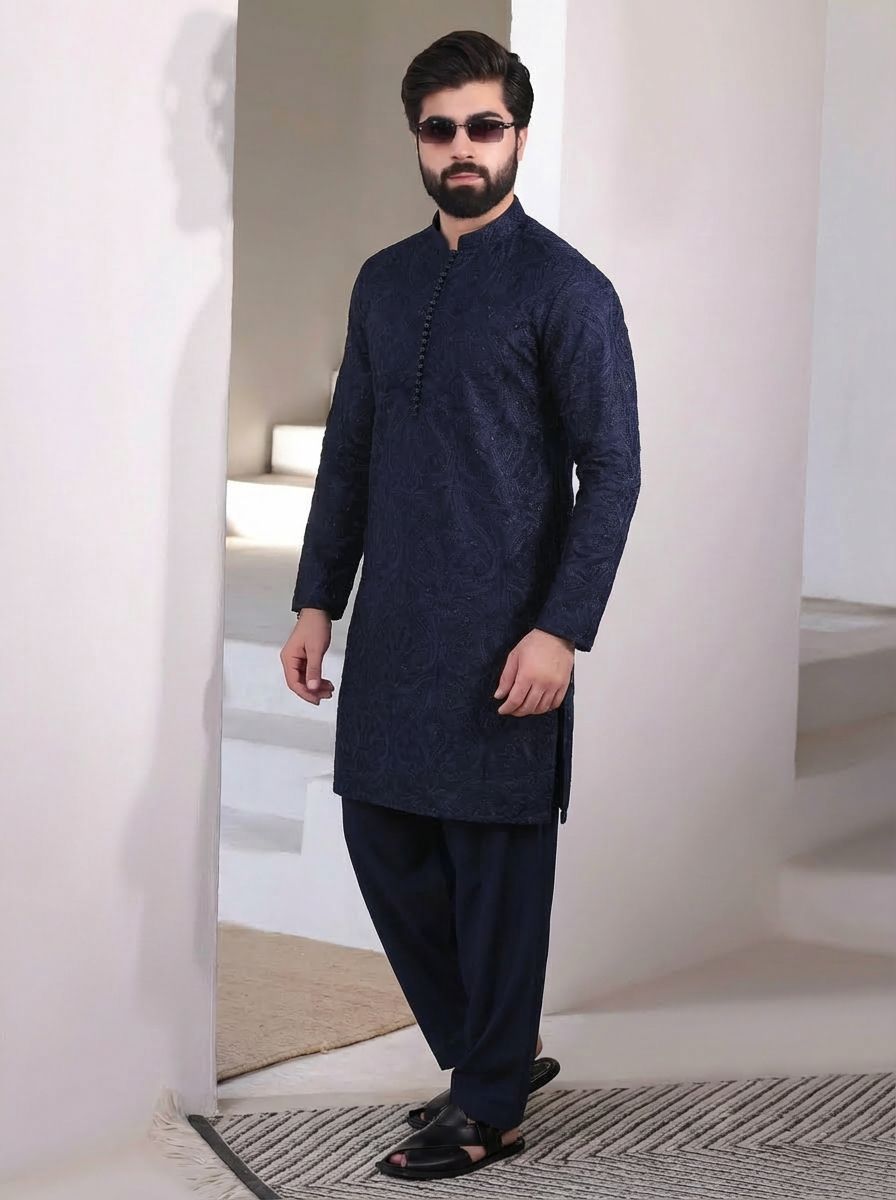 Navy Blue Embroidered Kurta Pajama