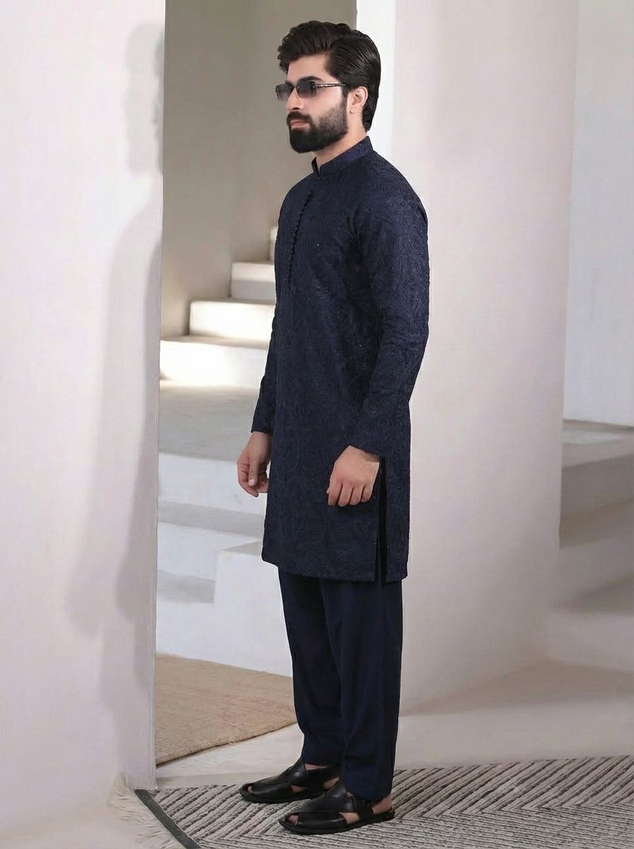 Navy Blue Embroidered Kurta Pajama