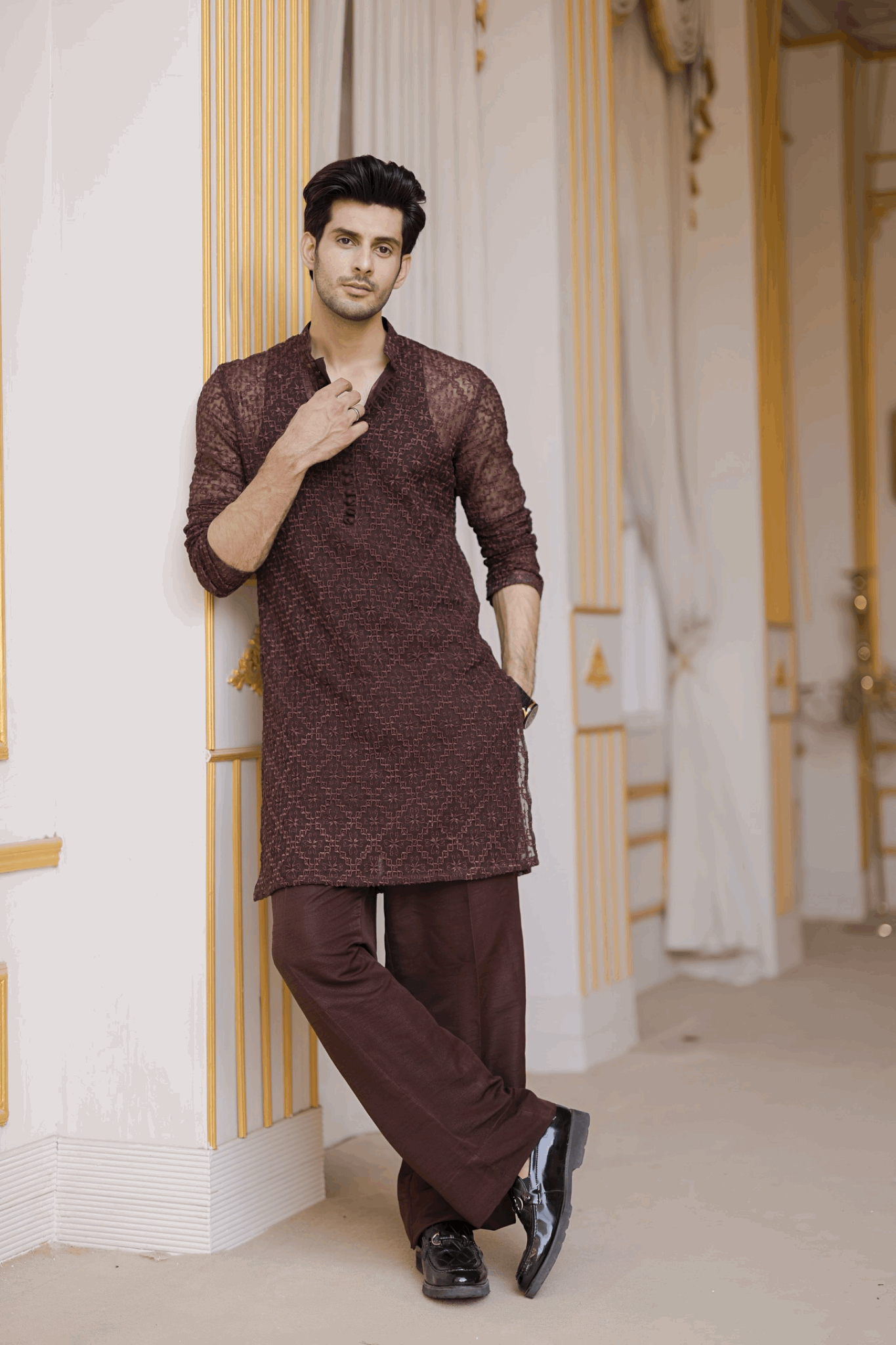 Brown Embroidered Kurta Pajama