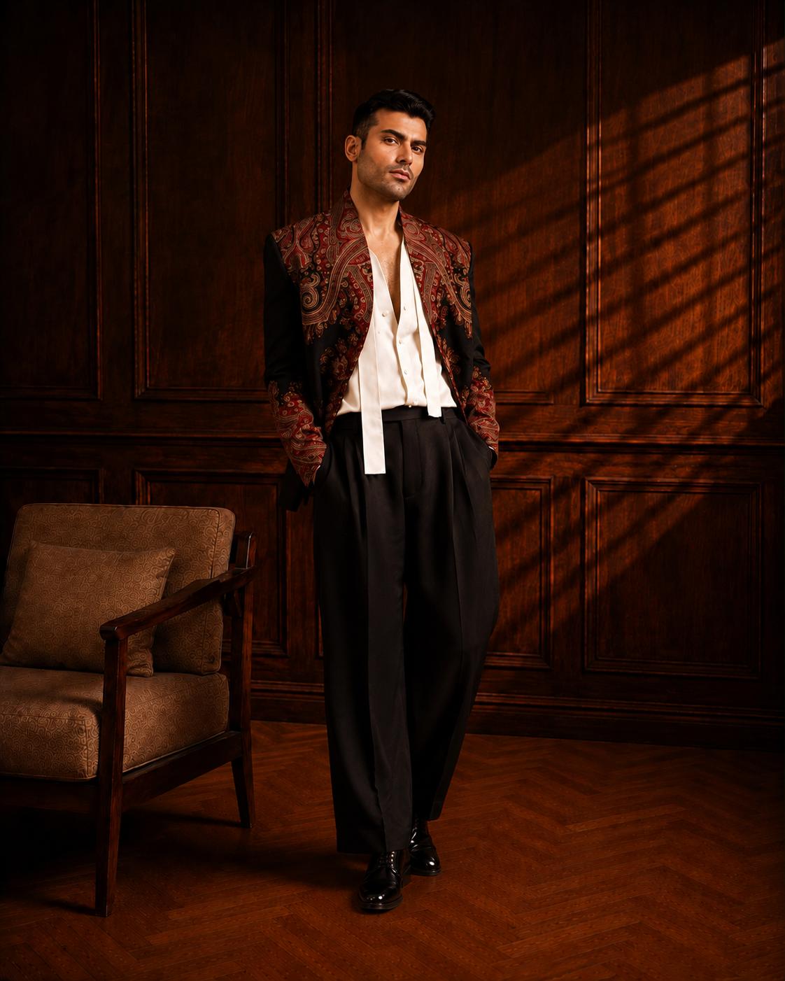 Midnight Bloom Tuxedo Complete Suit by Crocfit Bespoke, Karachi