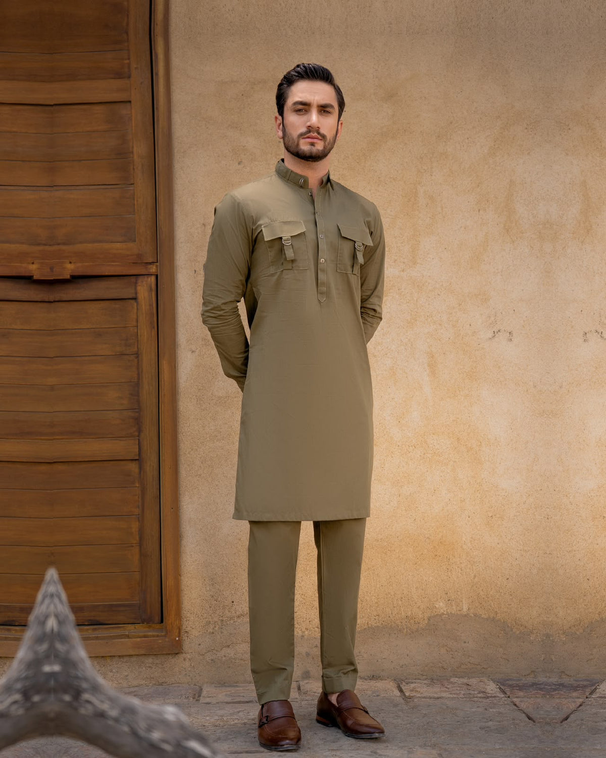 The Heritage Olive Kurta Pajama by Crocfit Bespoke, Karachi