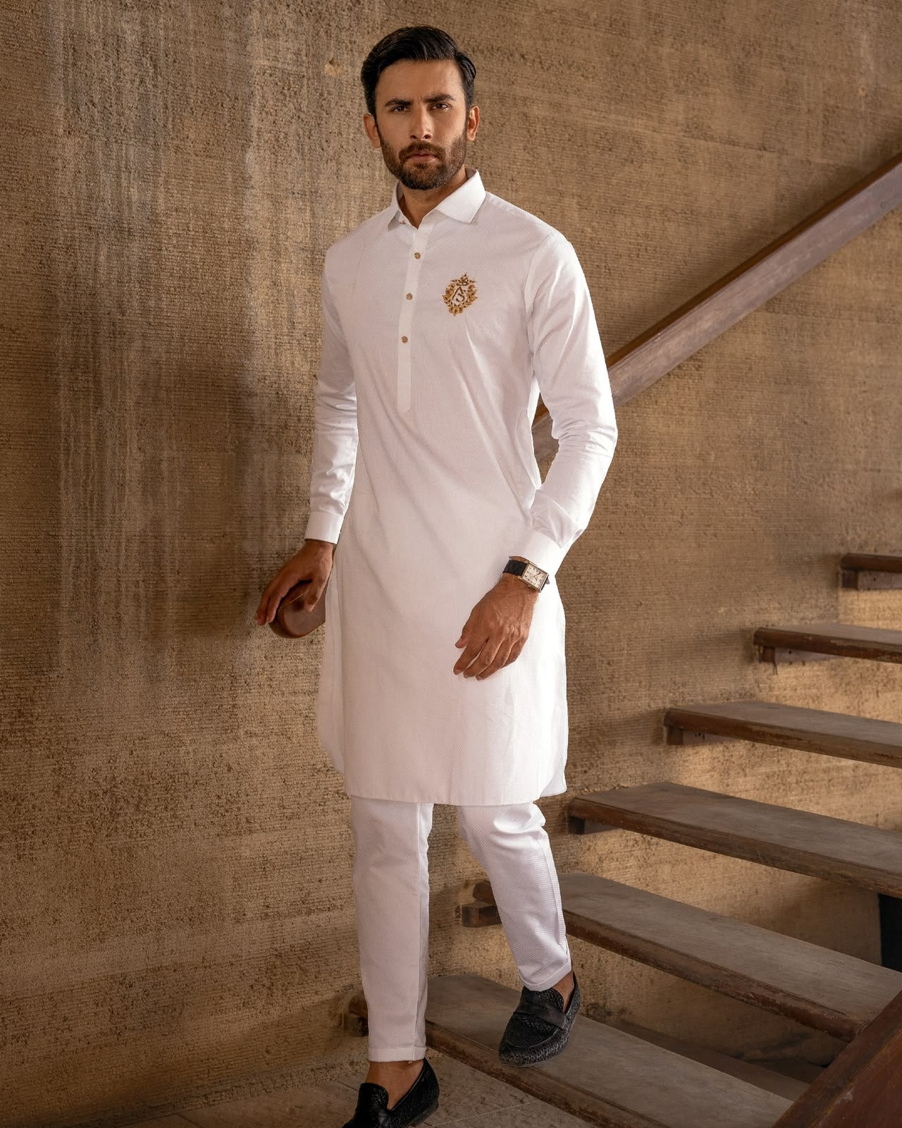 White Royal Crest Shalwar Kameez