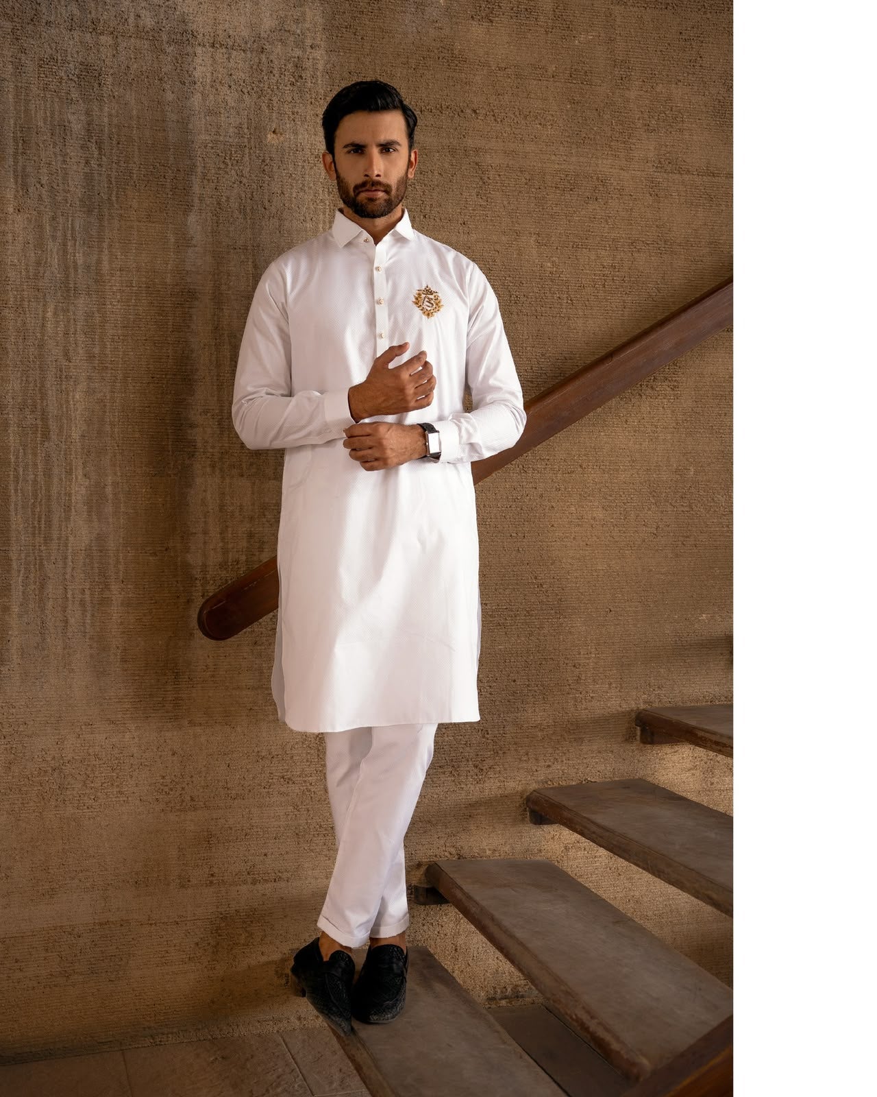 White Royal Crest Shalwar Kameez