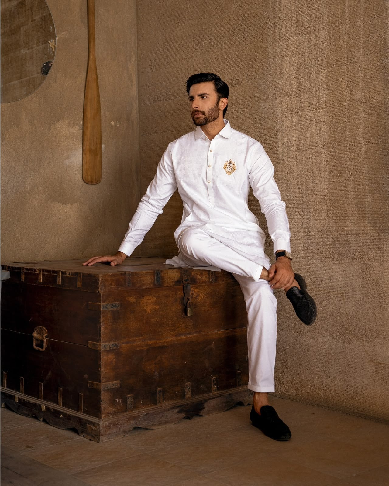 White Royal Crest Shalwar Kameez