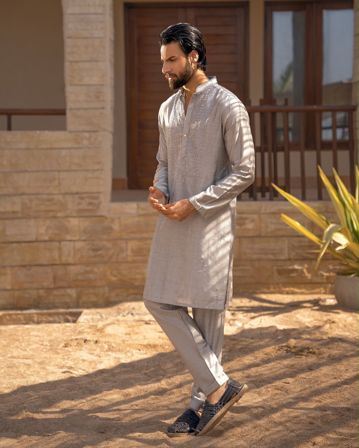 Silver Mist Kurta Pajama by Crocfit Bespoke, Karachi
