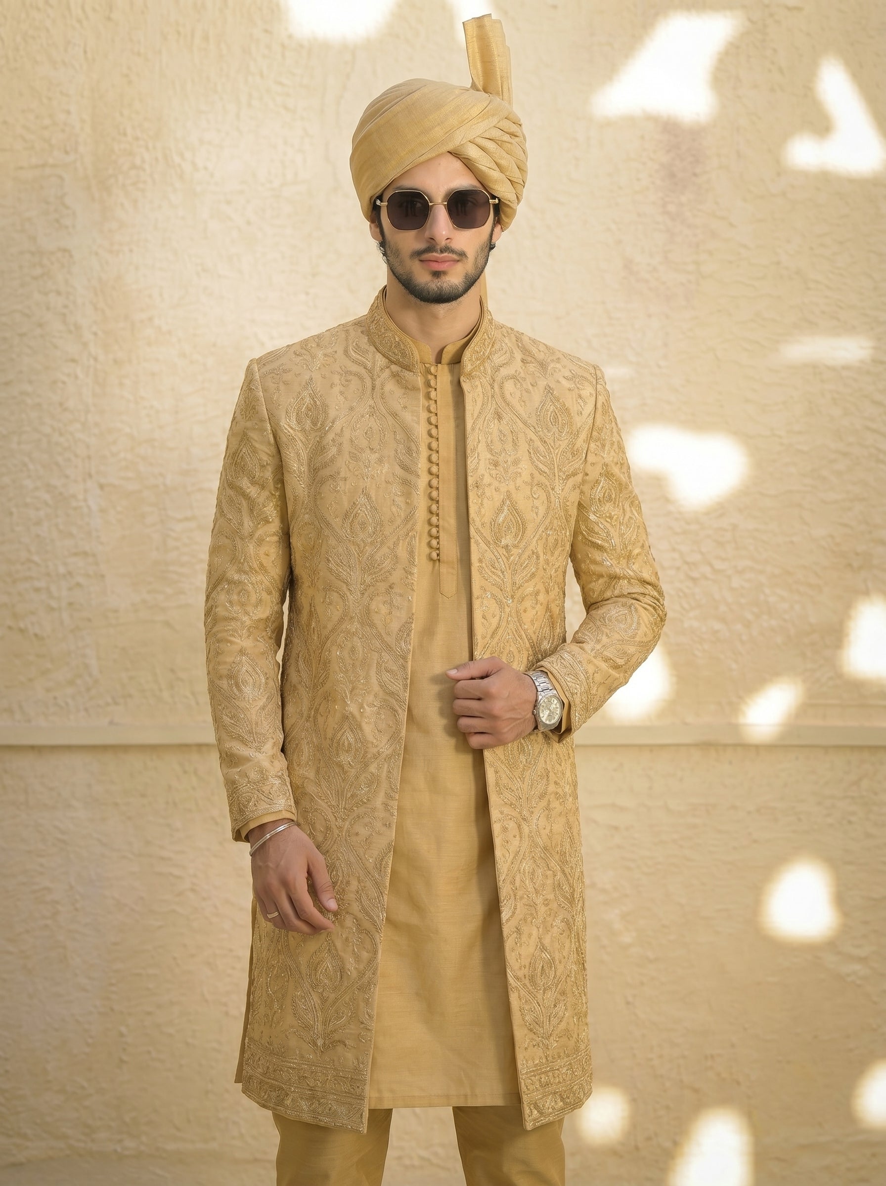 Golden Embellished Sherwani with Regal Turban