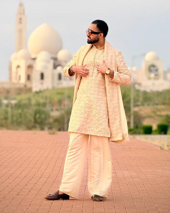Beige Kurta with Farshi Pajama and Shawl