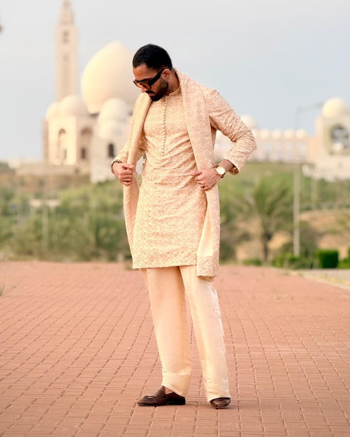 Beige Kurta with Farshi Pajama and Shawl