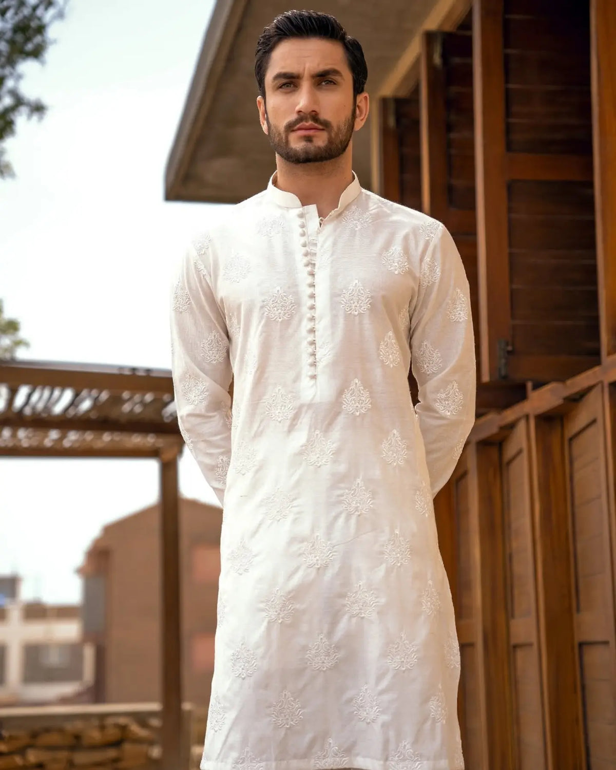 White Embroidered Kurta Pajama by Crocfit Bespoke, Karachi