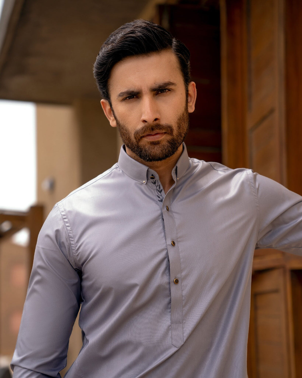 Silver Slate Kurta Pajama by Crocfit Bespoke, Karachi