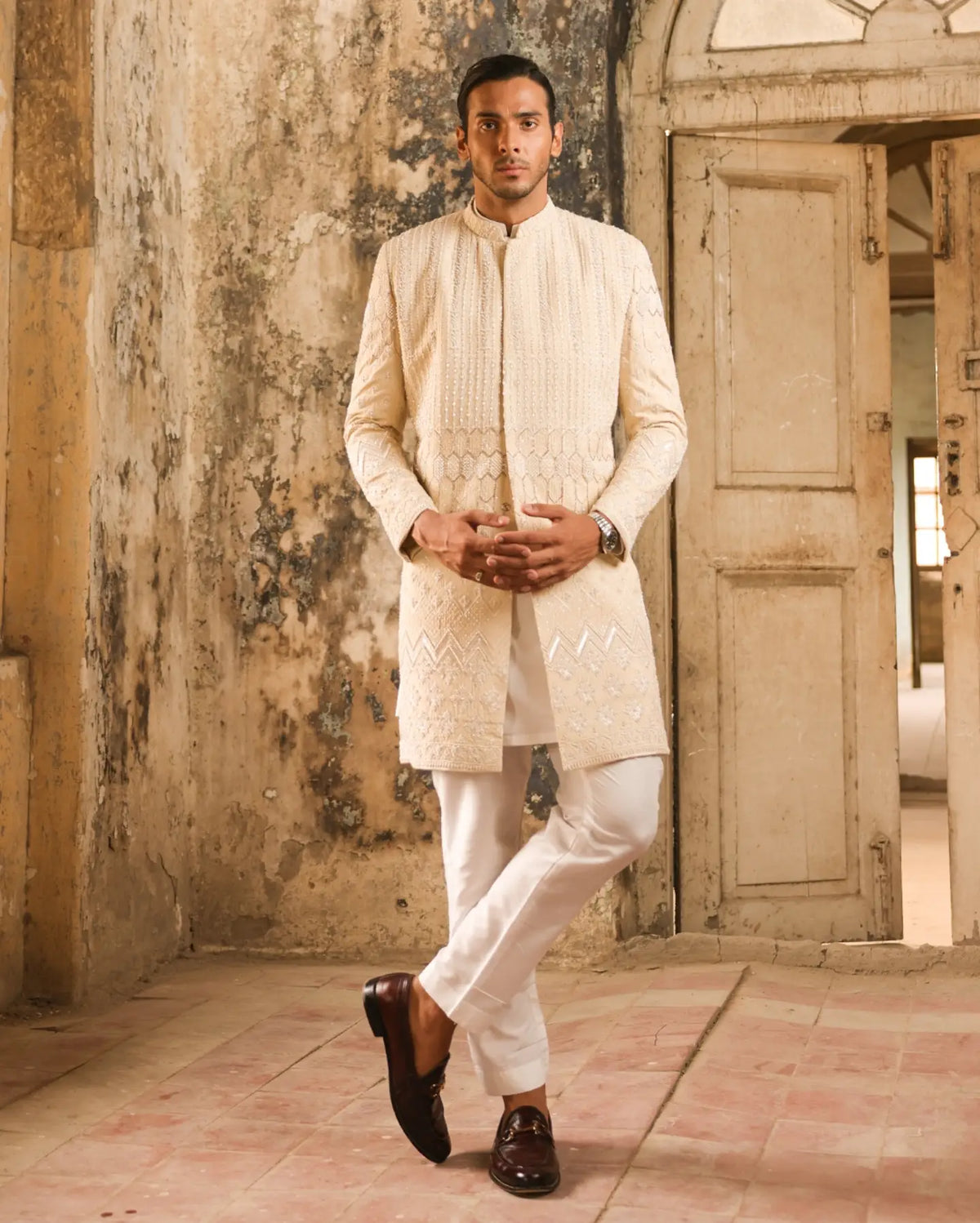 The Luxe Pearl Sherwani by Crocfit Bespoke, Karachi