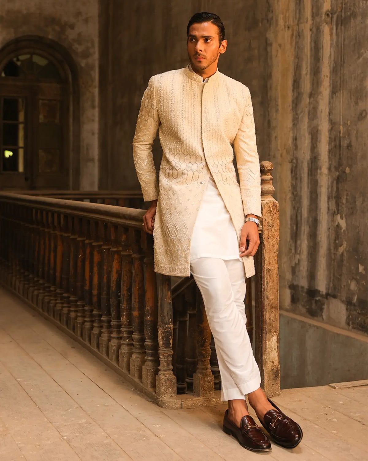 The Luxe Pearl Sherwani by Crocfit Bespoke, Karachi – view 3