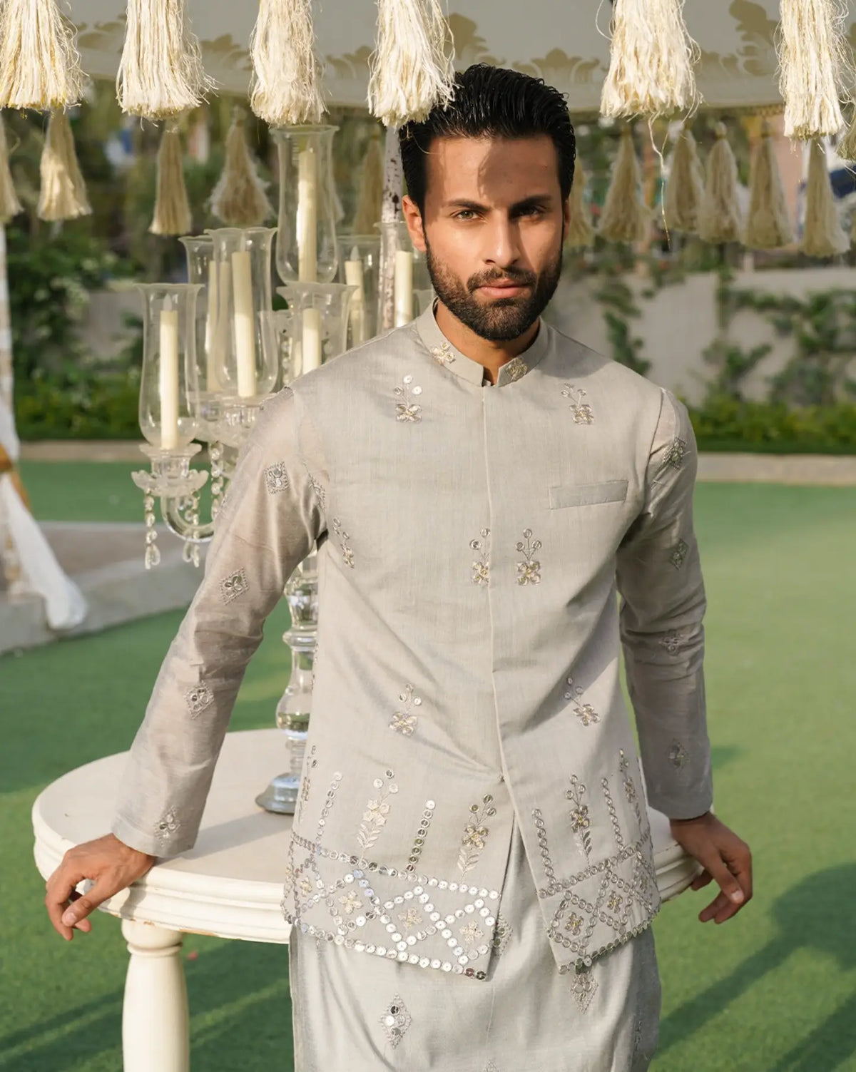 Royale Pearl Waistcoat and Kurta Pajama by Crocfit Bespoke, Karachi