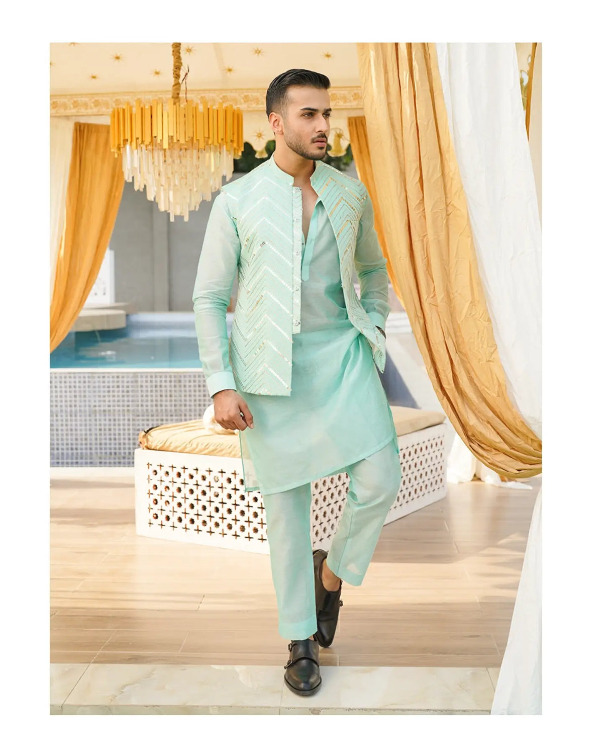 Mint Royale Waistcoat and Kurta Pajama by Crocfit Bespoke, Karachi
