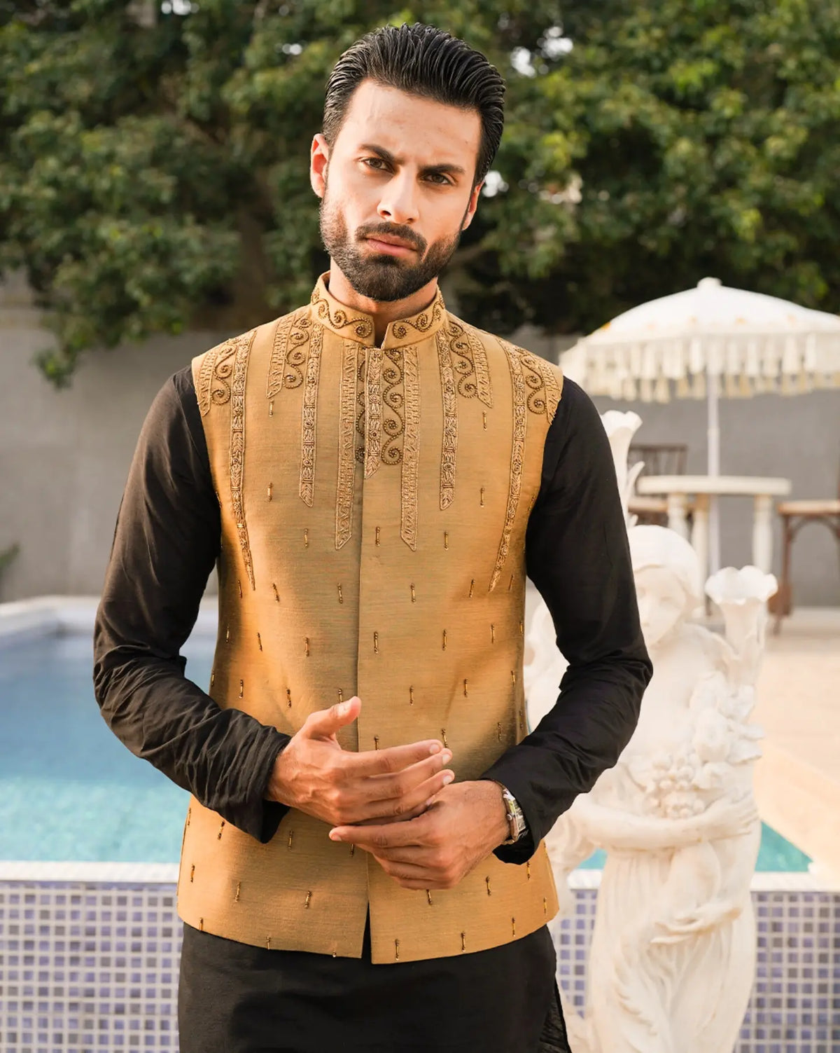Majestic Gold Waistcoat and Kurta Pajama by Crocfit Bespoke, Karachi