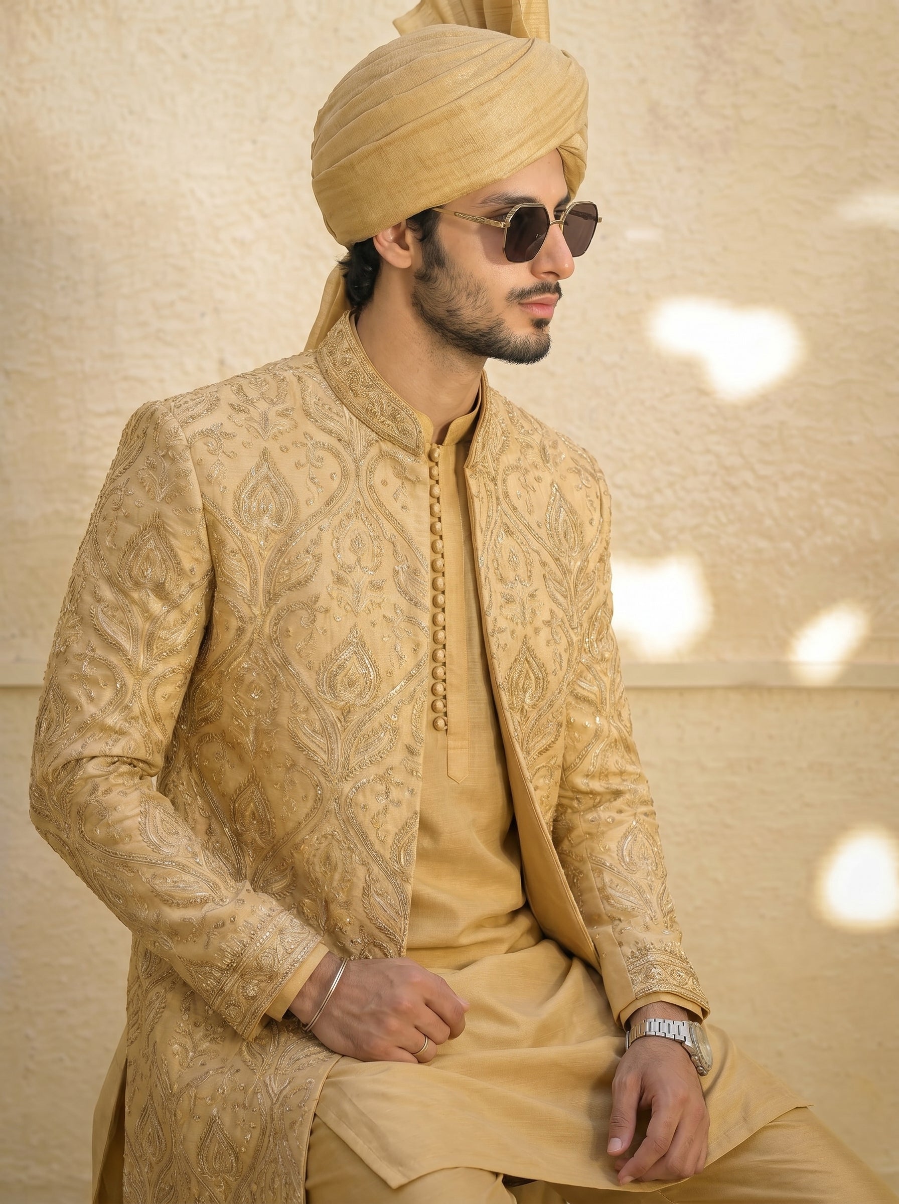 Golden Embellished Sherwani with Regal Turban