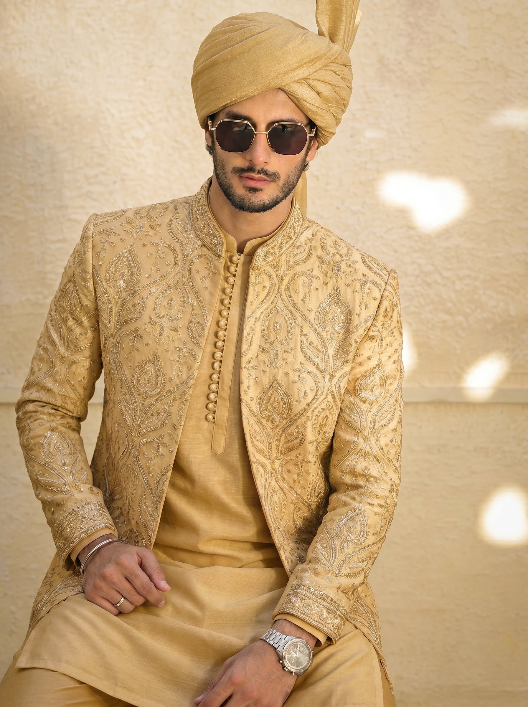 Golden Embellished Sherwani with Regal Turban