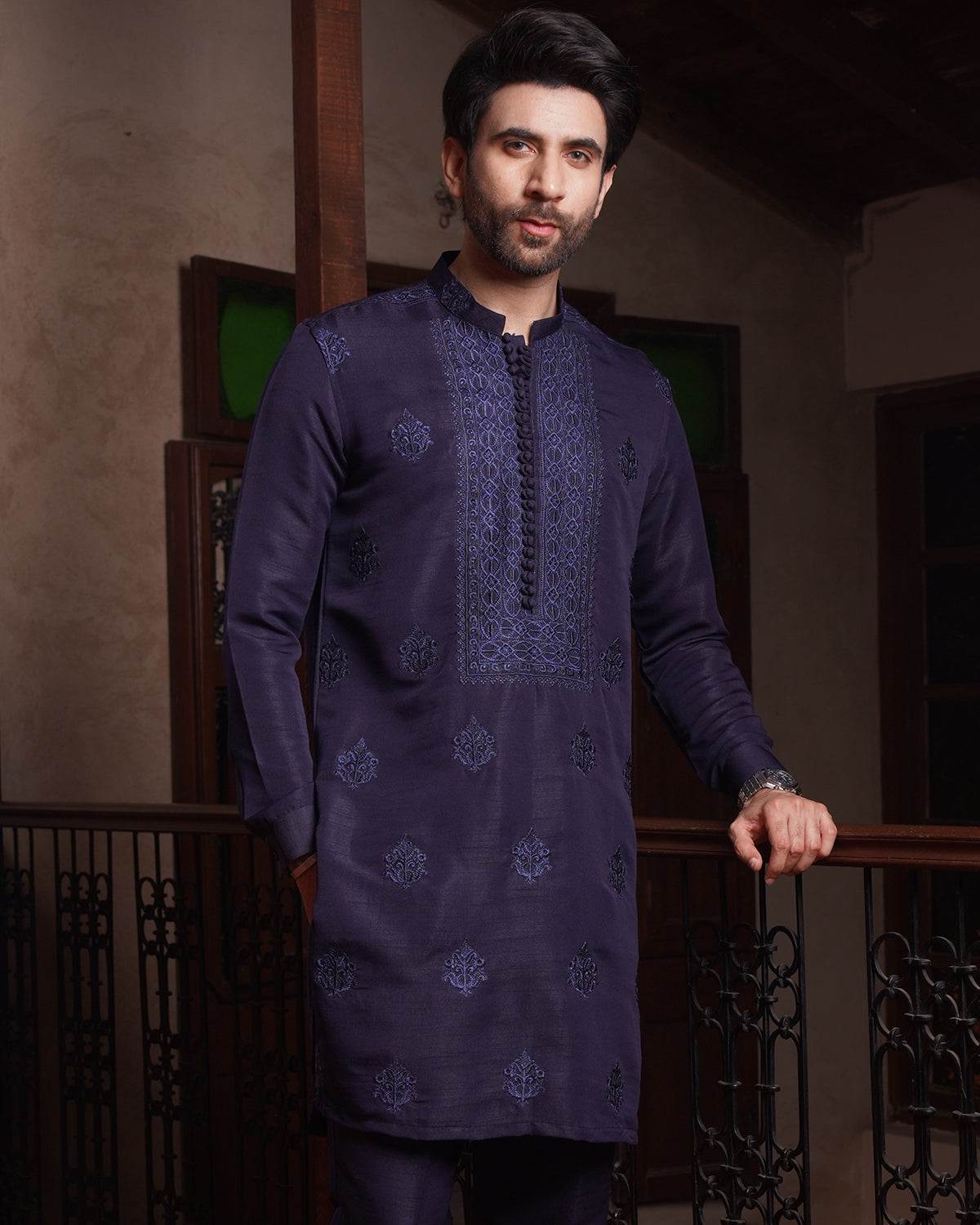 Blue Pure Raw silk Embroidered Kurta Pajama