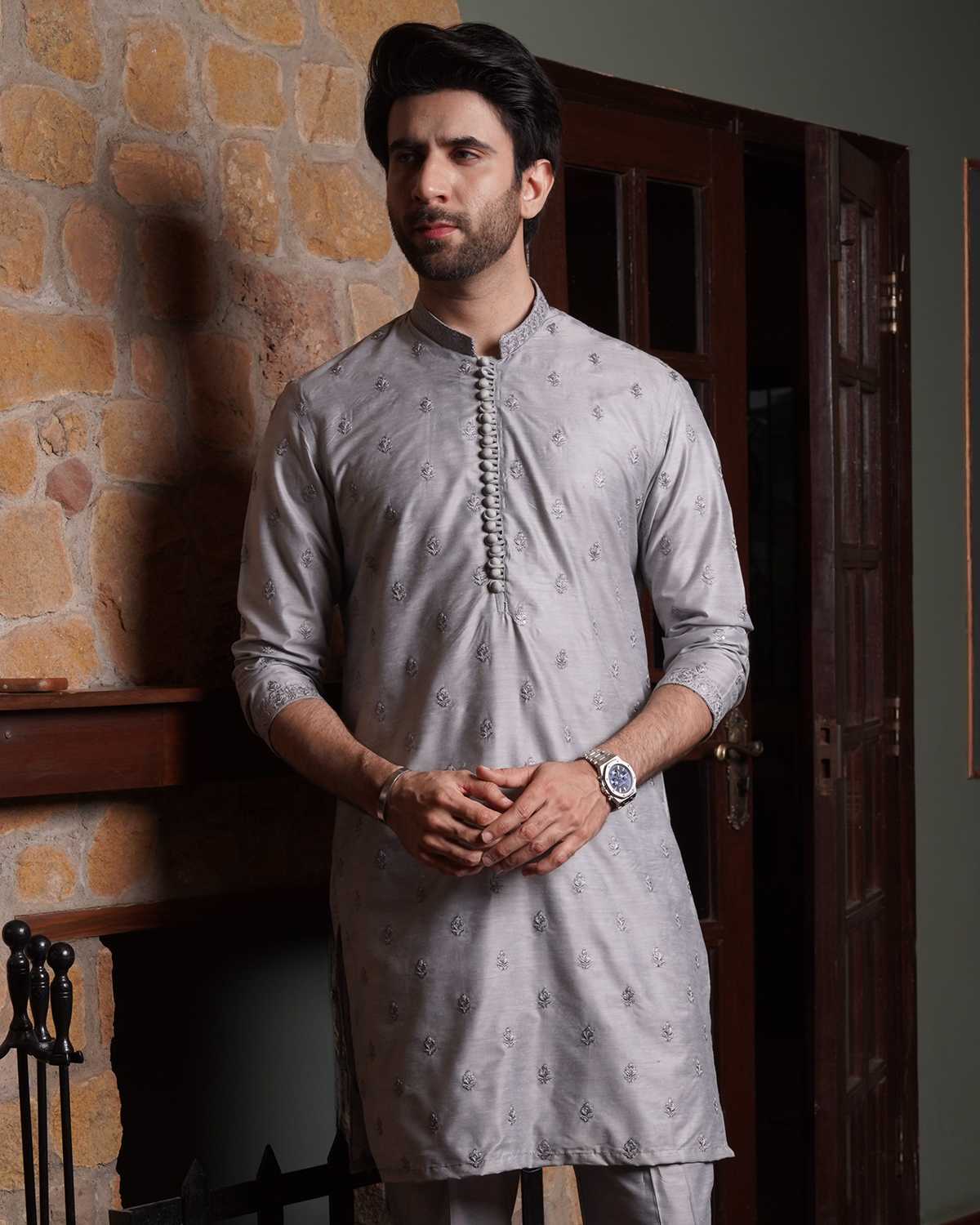 Gray Cotton Silk Kurta Pajama