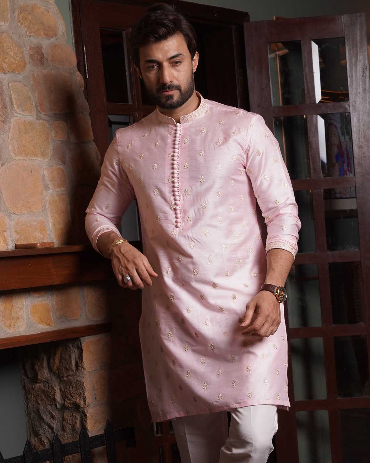 Pink Cotton Silk Kurta Pajama by Crocfit Bespoke, Karachi