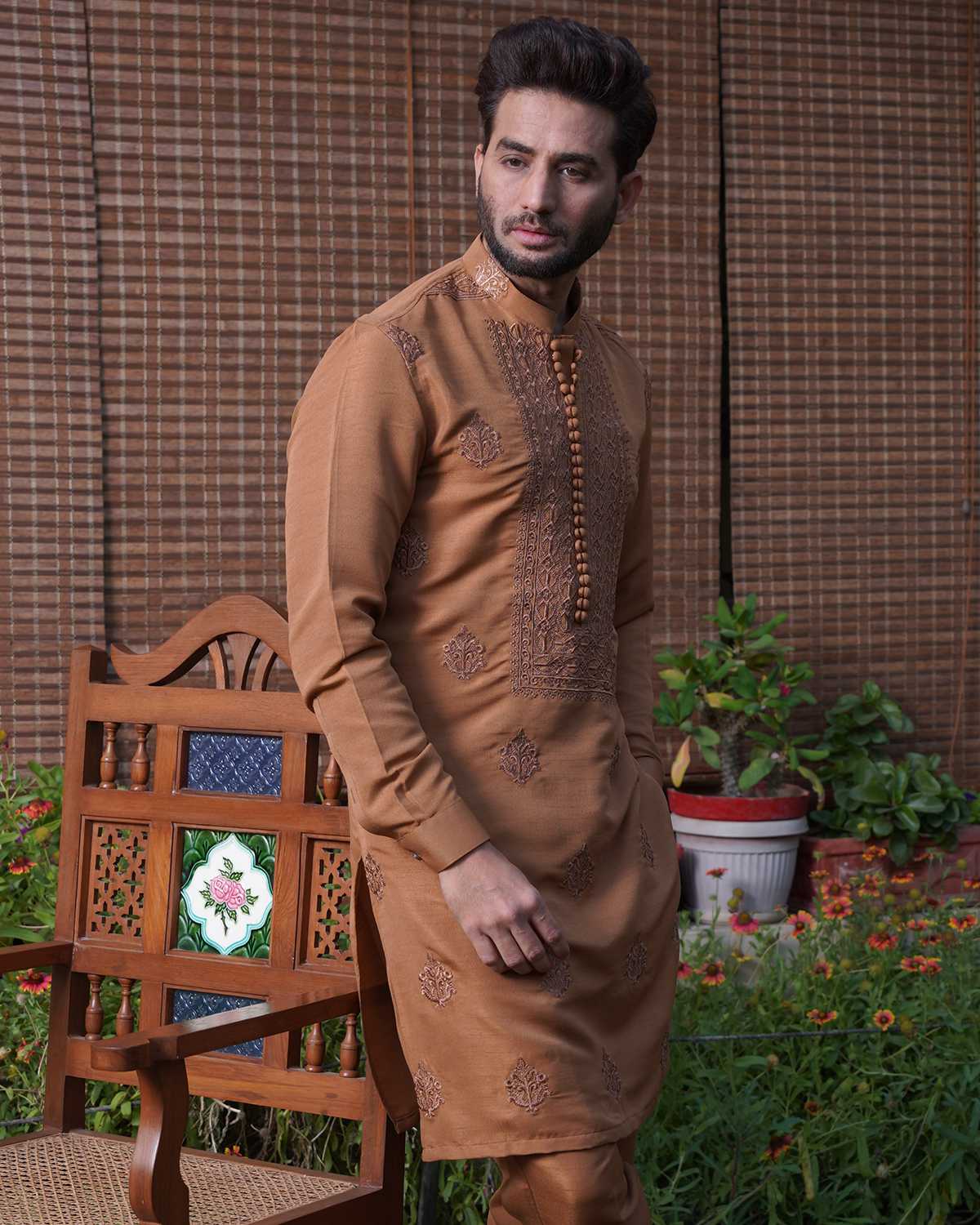Camel Raw silk Embroidered Kurta Pajama