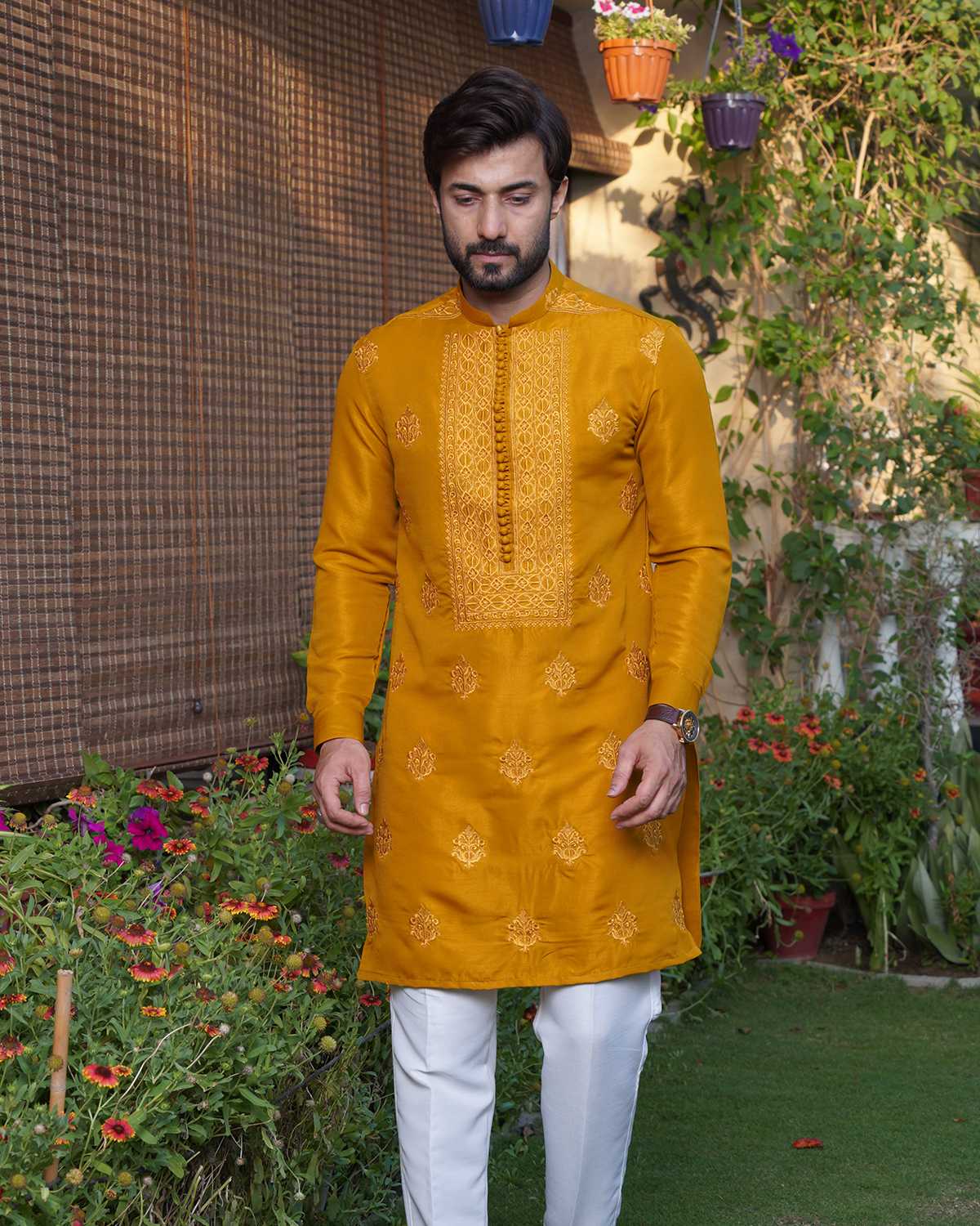 Mustard Raw silk Embroidered Kurta Pajama