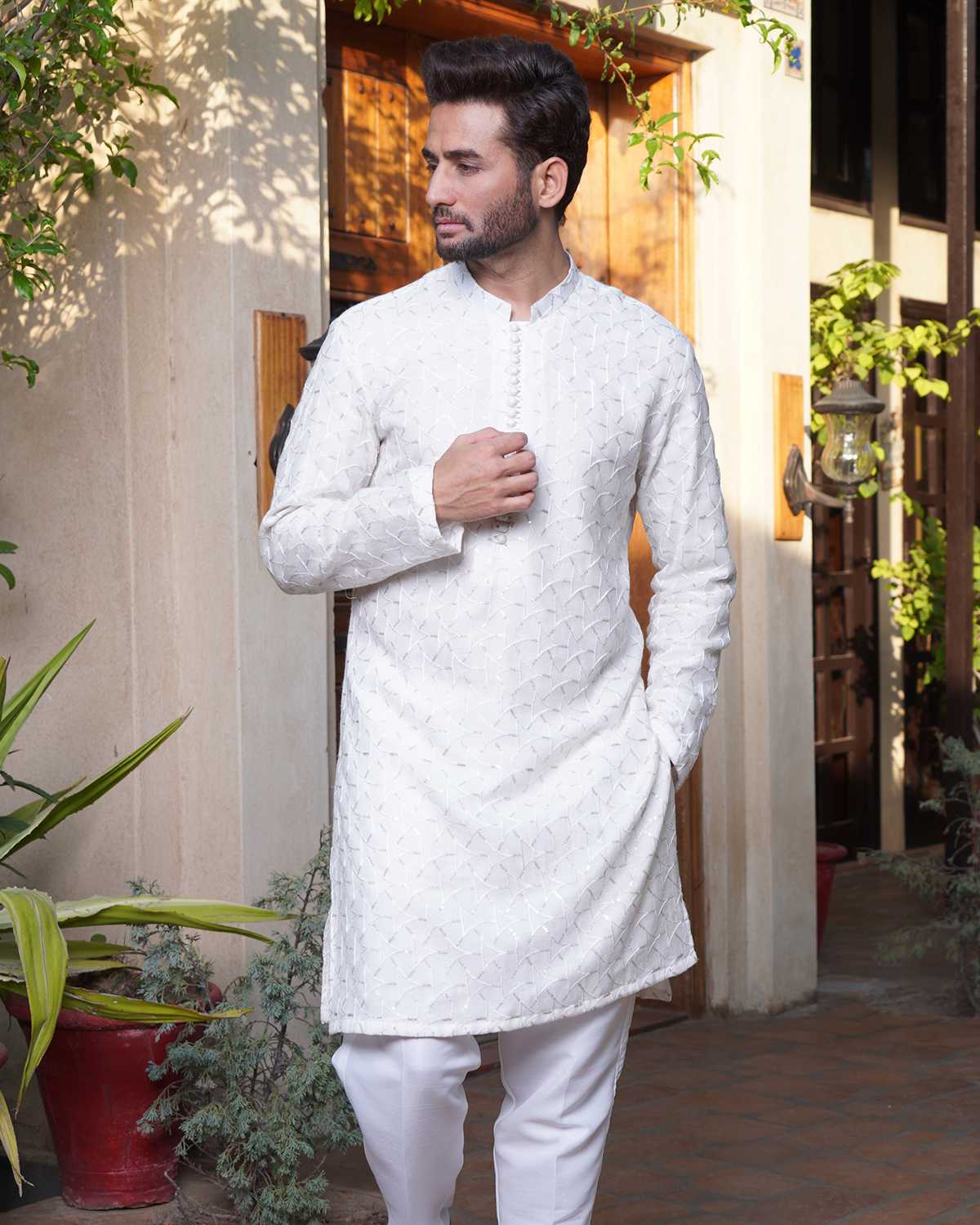 White Embroidered Kurta Pajama by Crocfit Bespoke, Karachi