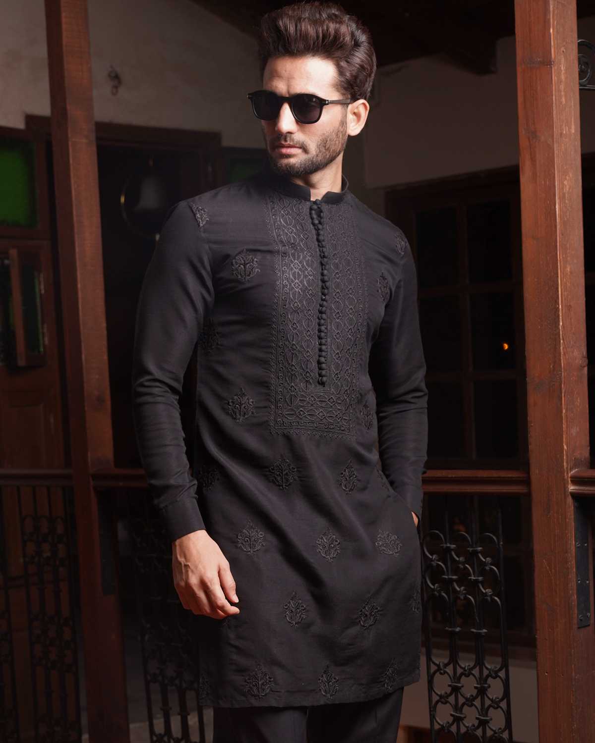 Black Pure Raw silk Embroidered Kurta Pajama