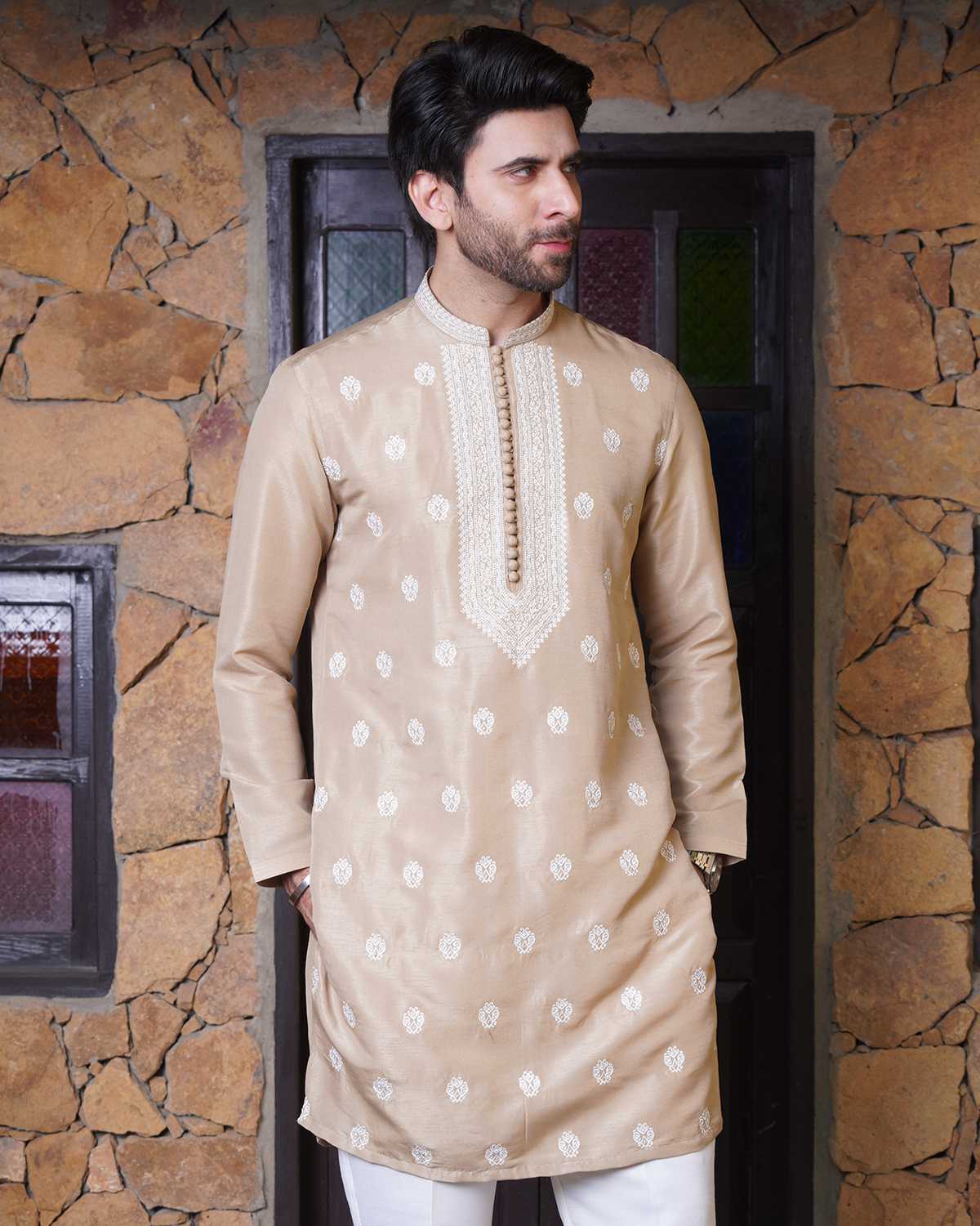 Beige Raw silk Embroidered Kurta Pajama
