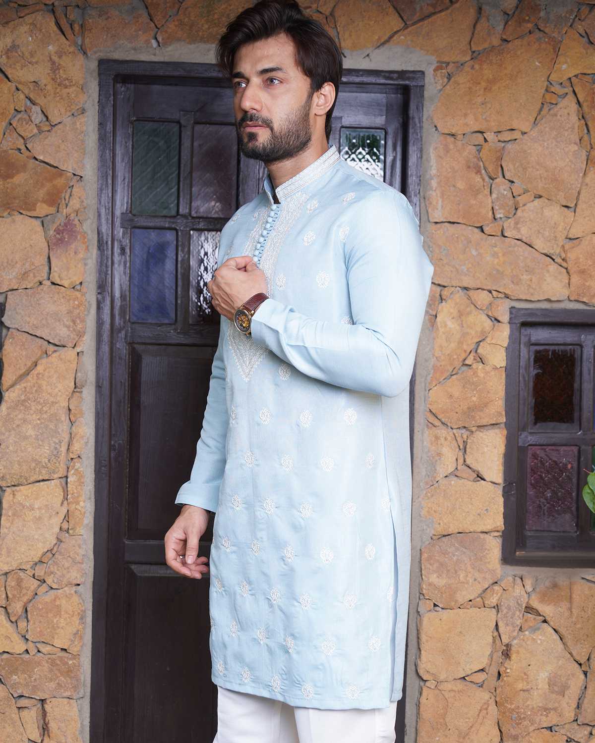 Sky Blue Raw silk Embroidered Kurta Pajama by Crocfit Bespoke, Karachi