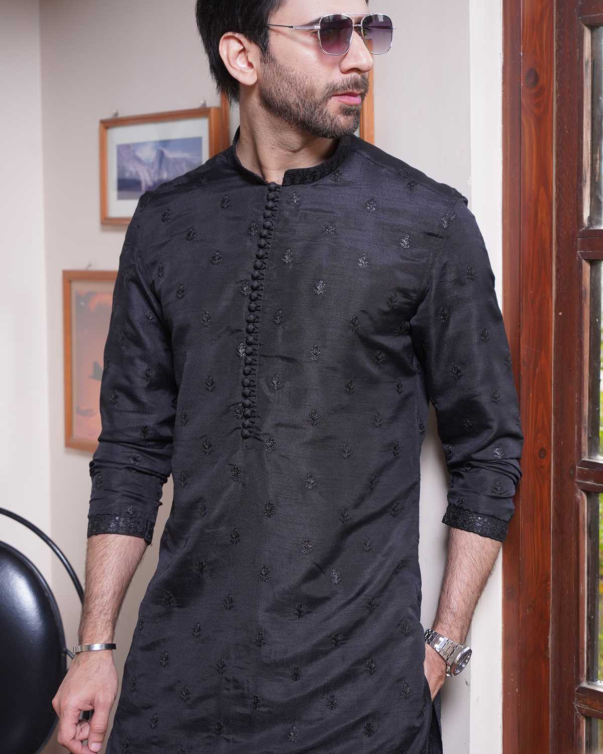 Black Raw silk Embroidered Kurta Pajama